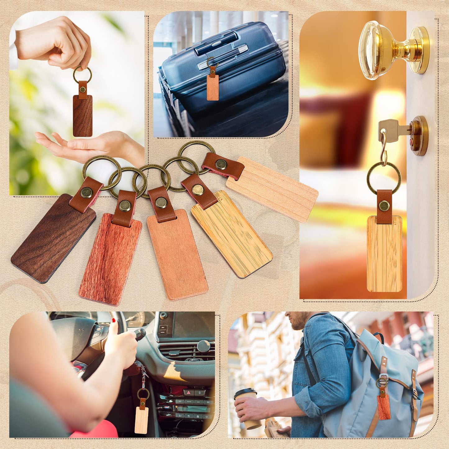 Batiyeer 30 Pcs Wooden Keychain Blanks 5 Colors Rectangle Wood Key Chain with Leather Strap Unfinished Gifts for Father