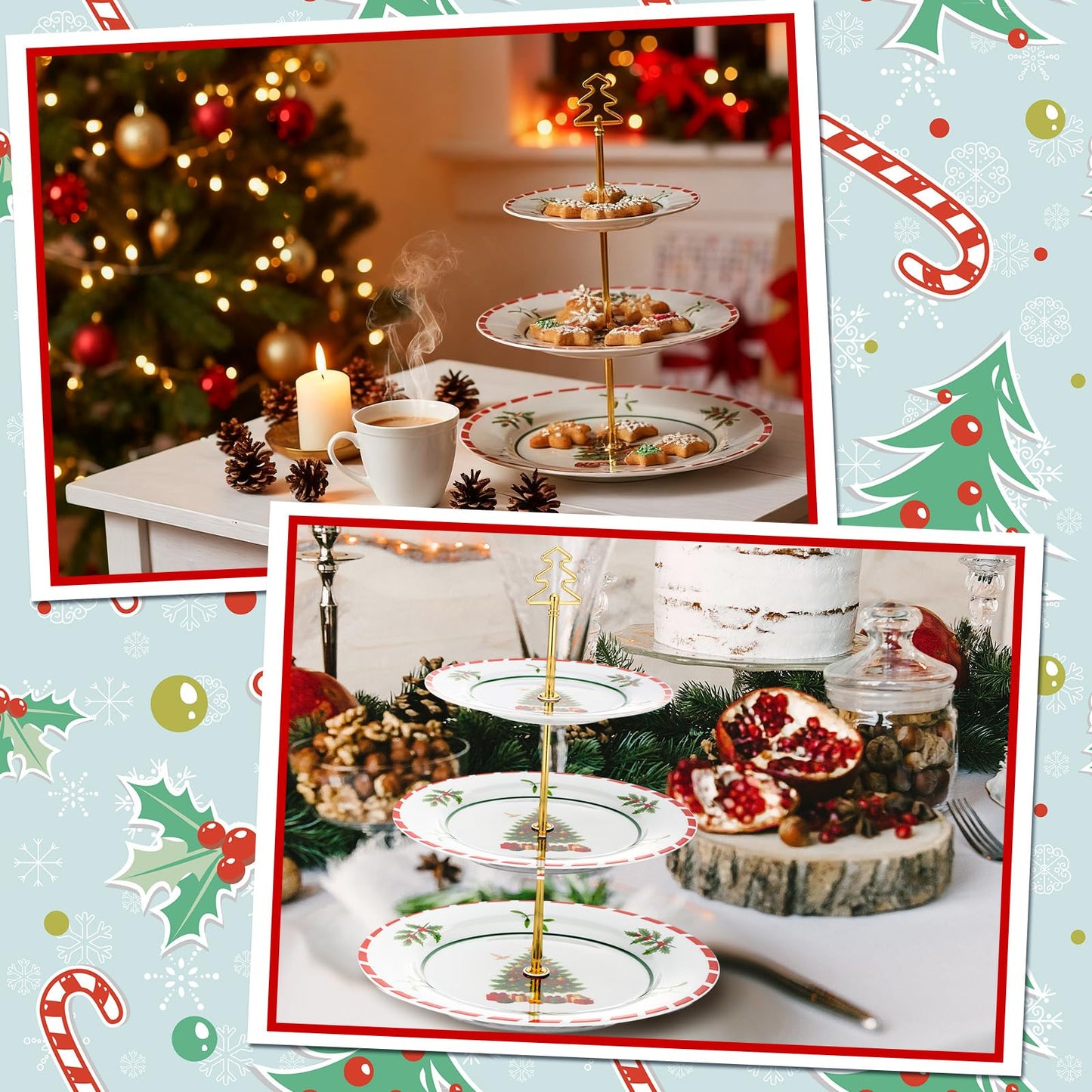 Lallisa 3 Tier Christmas Cake Stand 10", 9" and 7" Ceramic Xmas Tree Tiered Cupcake Display Holder Tower for Serving Food Cake Desserts Treats Holiday Party Decoration