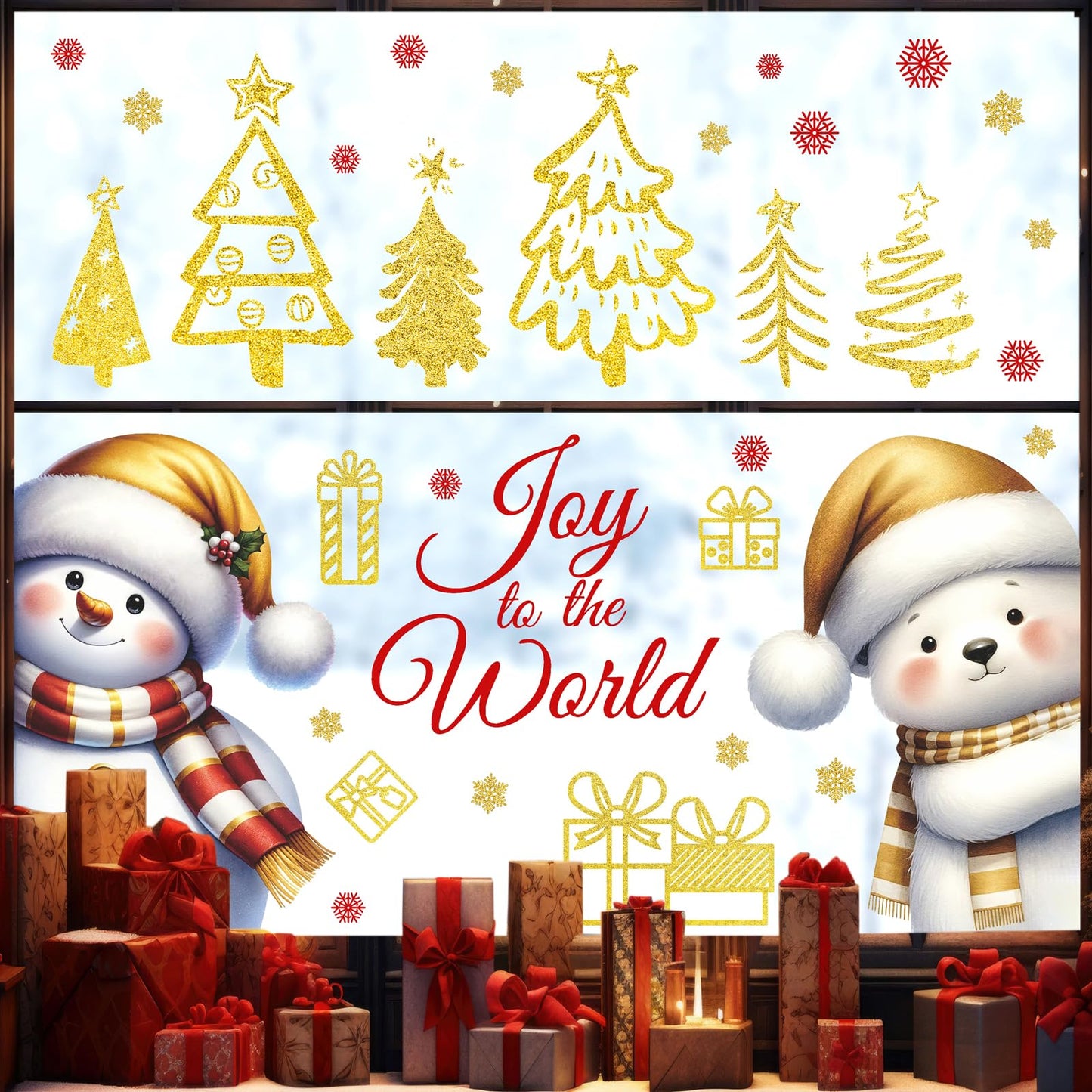 Christmas Window Decorations Stickers Snowman Window Decals Vinyl Christmas Windows Clings Double-Side Xmas Decal Peel and Stick Joy to The World Sticker for Home Xmas Party Supplies Decor