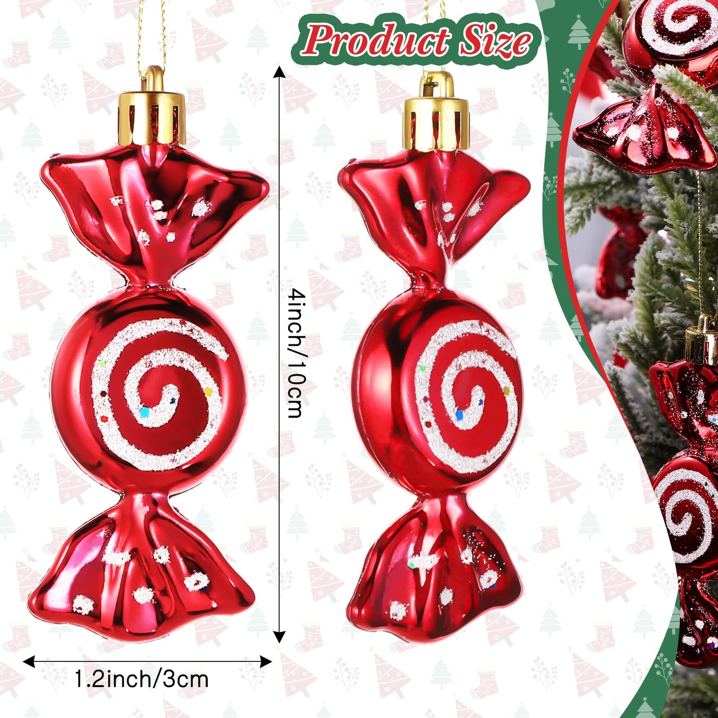 Threan 12 Pcs Christmas Candy Ornaments for Tree Decoration Hanging Glitter Candy Cane Christmas Peppermint Ornament with Golden Rope for Xmas Holiday Decoration(Red,Plastic)