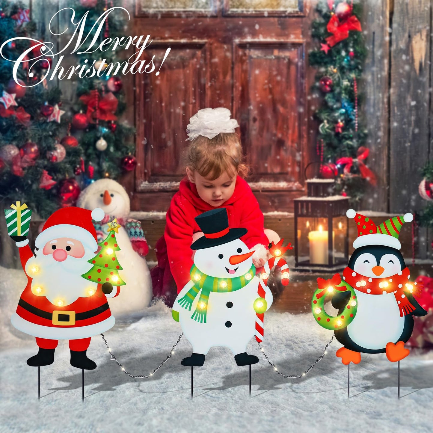 WONDER GARDEN Christmas Yard Stakes, 3 PCS LED Light Xmas Yard Signs with Santa Claus, Snowman, Penguin Christmas Yard Decorations for Lawn Party Decorations
