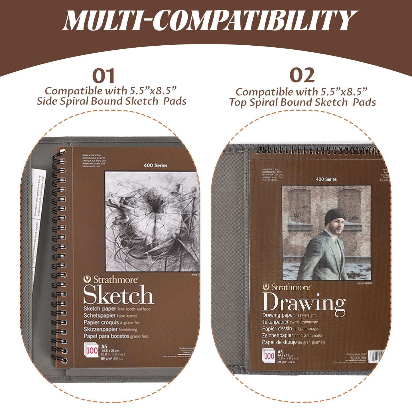 Plinyvel Travel Sketch Case & Cover: Leather Organizer Fits 5.5x8.5 Sketch Book & Spiral Pad | All-in-One Art Kit with Pencil Holder | Compact for Artists, Beginners & Travel (Gray)