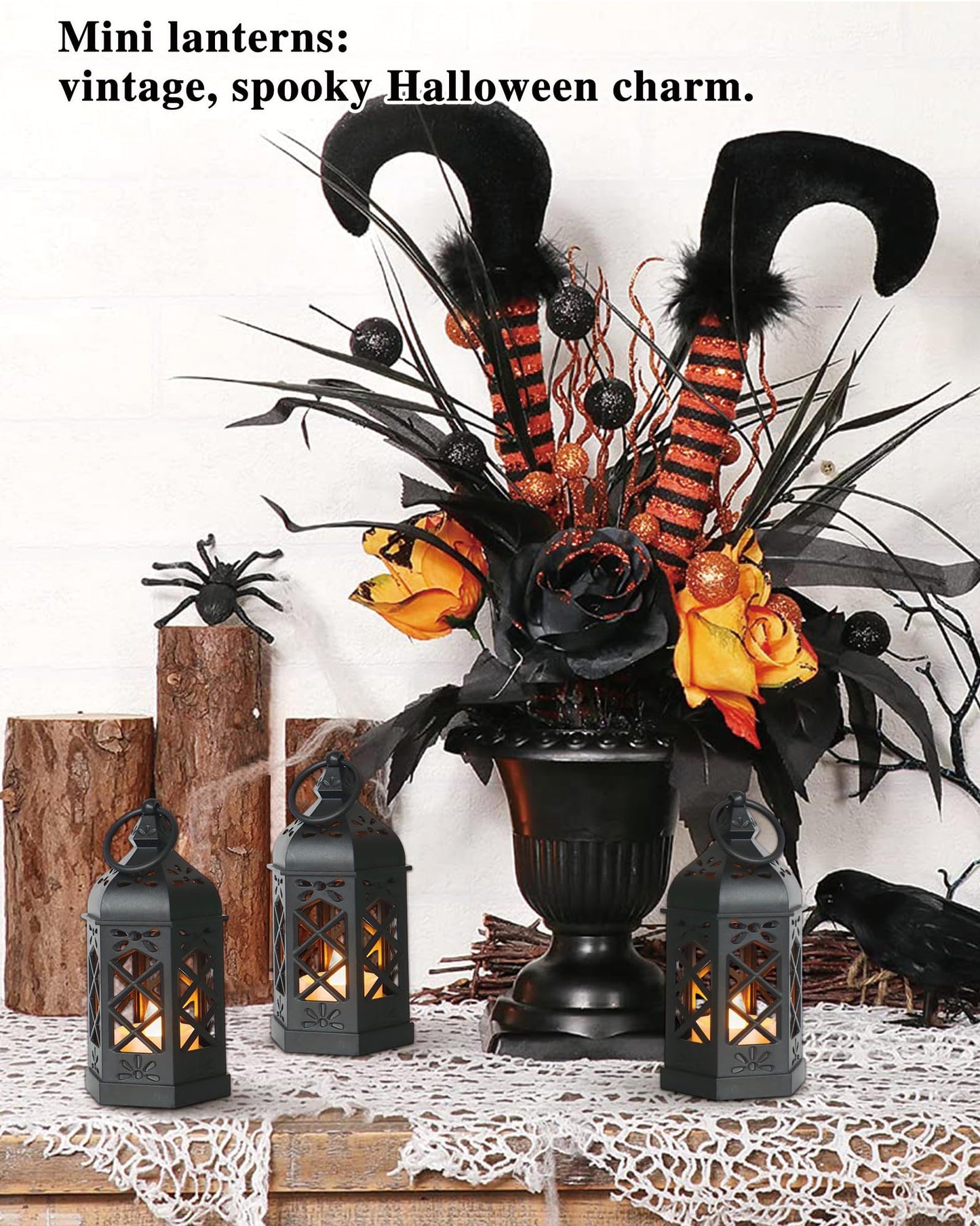 Reperla 8-Pack Mini Lanterns with Flickering LED Candles for Ramadan, Moroccan Decorative Hanging Lanterns for Halloween, Christmas, Wedding, Black Lantern for Table Centerpiece, Home & Party Decor