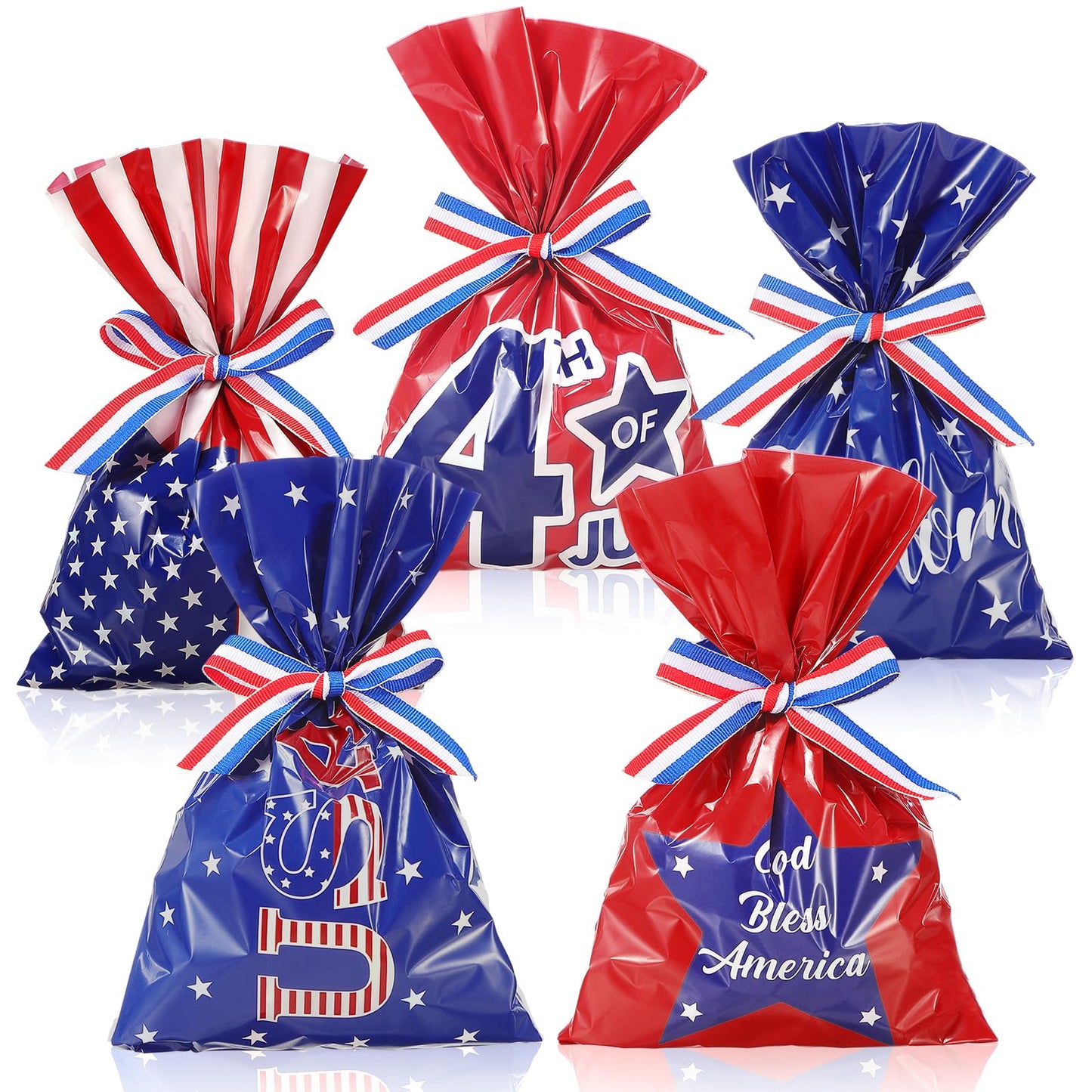 Tenare 100 Pack Christmas Treat Cellophane Bags 6 x 9 Inches Patriotic Goodie Bags Red White and Blue Candy with 40 Yards Ribbon for Christmas Independence Day Memorial Party Favor Supplies