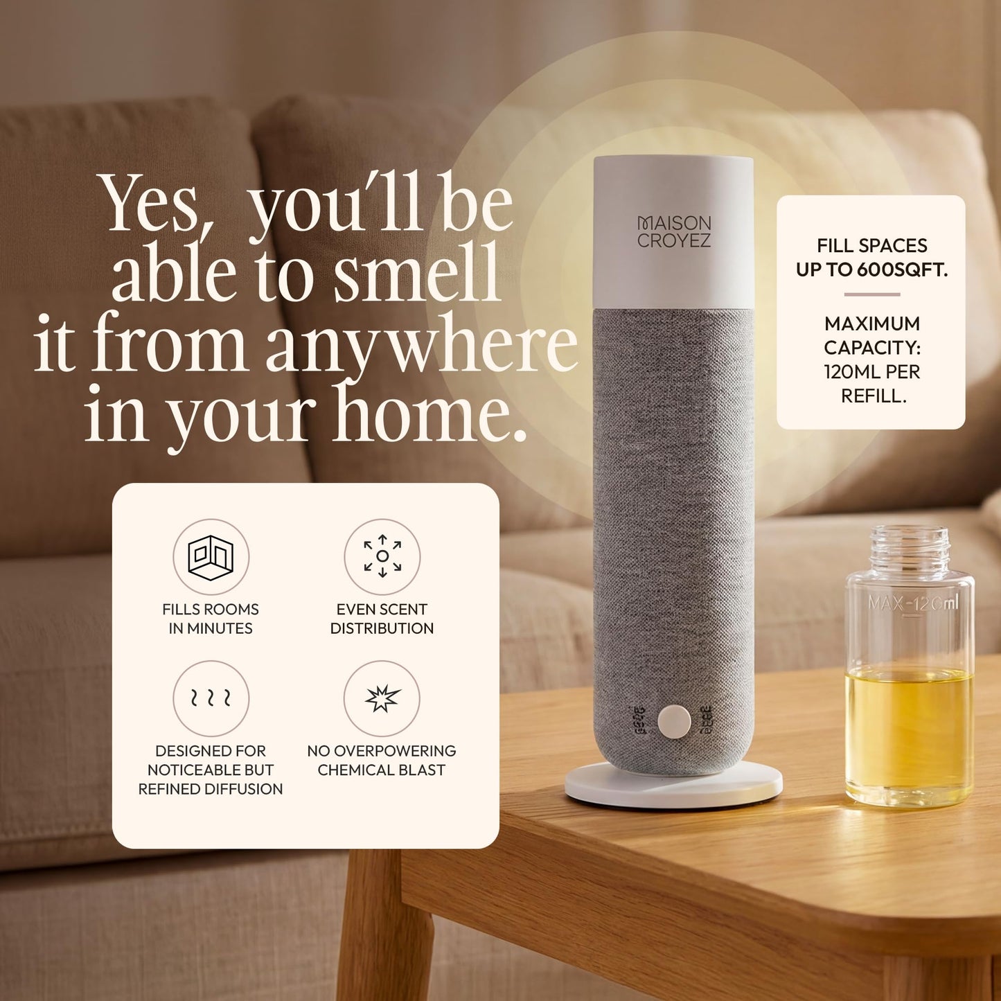 Maison Croyez Waterless Essential Oil Diffuser (120ml Bottle) – Nebulizing Aroma Diffuser, 3 Intensity Levels, 1/3/6H Timer + Auto Mode, Warm Ambient Light, Up to 600 sqft