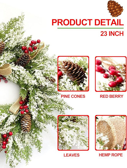 Artificial Christmas Wreath with Hanger for Front Door with Pine Cone, Red Berries, Burlap Ribbon & Snowflake, Indoor Outdoor Holiday Wall Windows Wreath Flocked with Mixed Decorations 23inch