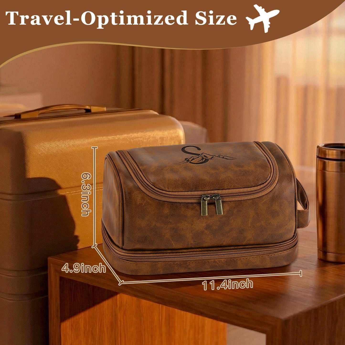 Aganmi Personalized Toiletry Bag Fathers Day Birthday Gifts for Men Dad Husband, Custom Initial Waterproof PU Leather Toiletry Organizer Dopp Kit Shaving Bag Travel Essential for Him Light Brown J