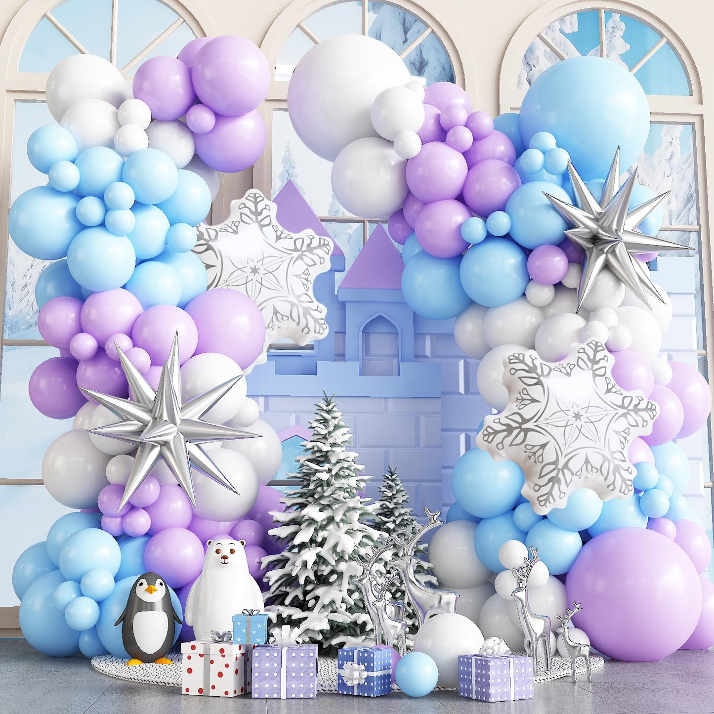 Winter Wonderland Balloon Arch Garland Kit, Baby Blue Purple Balloons with Spike Star Snowflake Foil Balloons for Ice Wonderland Christmas Baby Shower Snow Princess Birthday Party Decorations Supplies