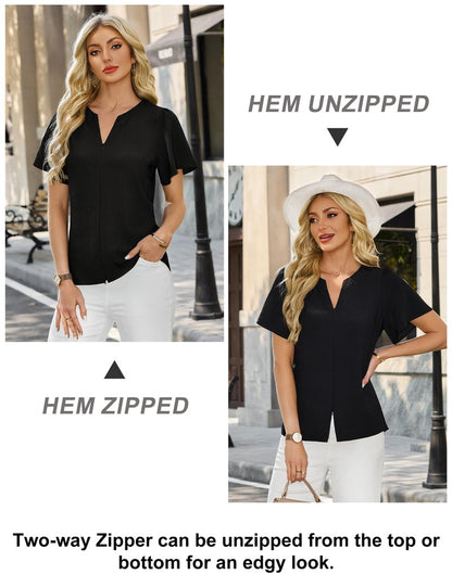 Blooming Jelly Womens Dressy Casual Blouses Business Work Summer Tops Zip Ruffle Short Sleeve Cotton Shirts Trendy Spring Outfits (Black,Medium)