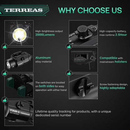 Terreas Upgraded 2000 Lumens Magnetic Rechargeable Weapon Light & Green Laser Combo, Aluminum Alloy Tactical Flashlight with Adjustable Rail, Strobe Mode, Fits Most Picatinny/GL Rail & Holsters