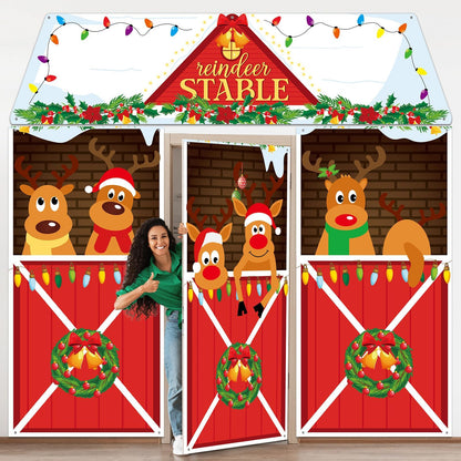 4 Pcs Christmas Deer Door Decorations Xmas Reindeer Stable Door Covers Backdrop Christmas Elk Snowflakes Hanging Banner Porch Sign for Holiday Wall Window Classroom Office Home Party Decor
