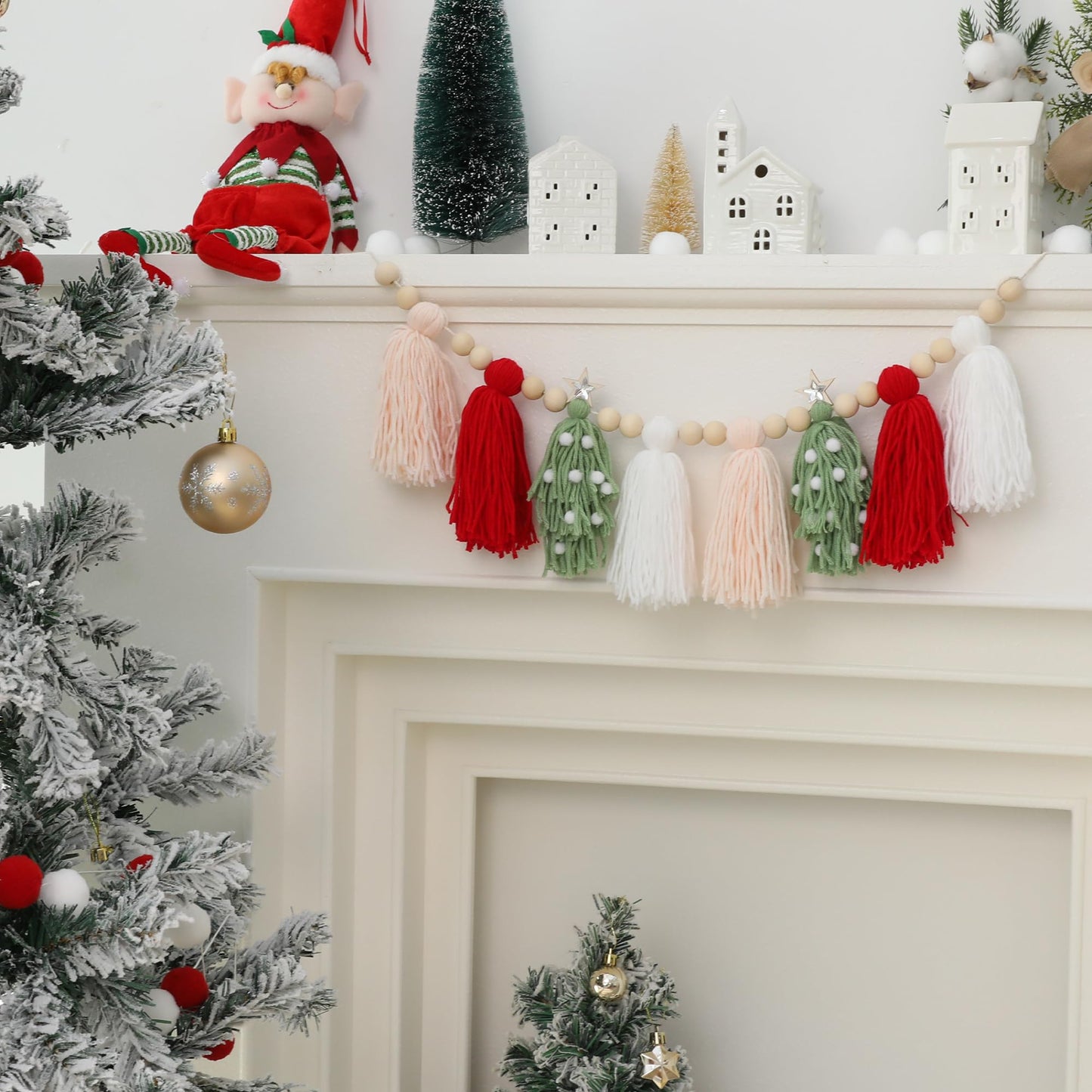 Christmas Tassel Garland Banner With Wood Beads And Pom Pom Garlands Wall Hanging Home Decor For Christmas