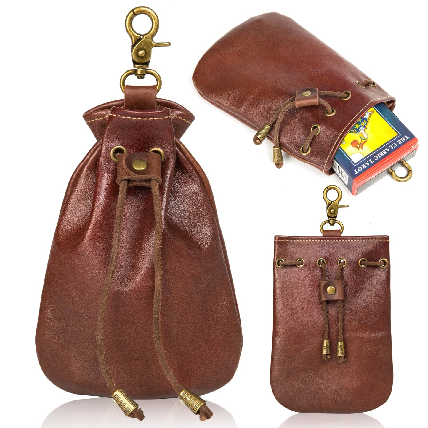 CHULEAG Vintage Medieval Drawstring Belt Pouch, FULL-GRAIN Leather, handmade, portable coin&dice purse with keychain. (Big)