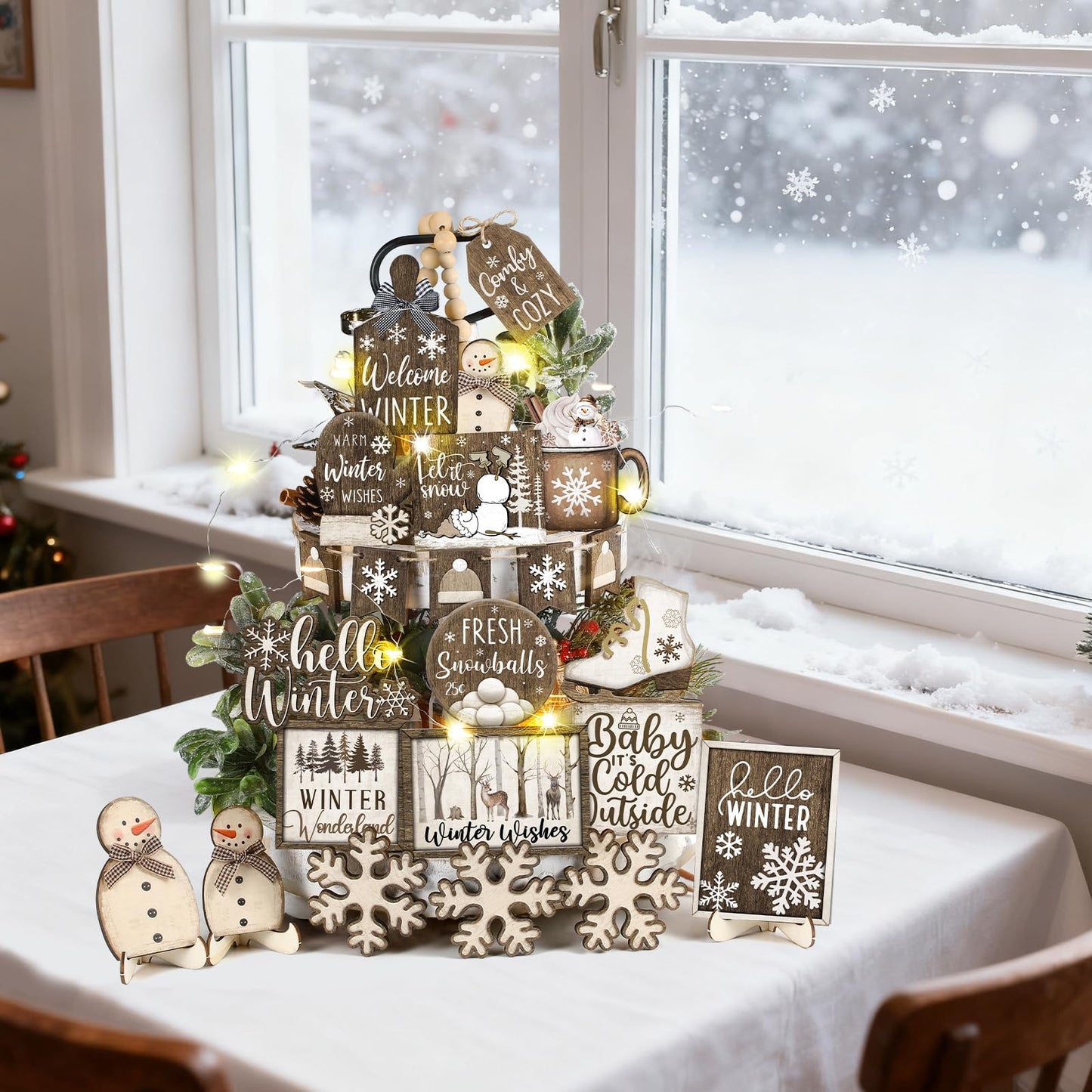 Shellwei 23 Pcs Winter Tiered Tray Decor Set Wood Rustic Hello Winter Snowman Snowflake Decoration Christmas Farmhouse Decor Xmas Signs for Christmas Decorative Trays Table Shelf Home Centerpiece