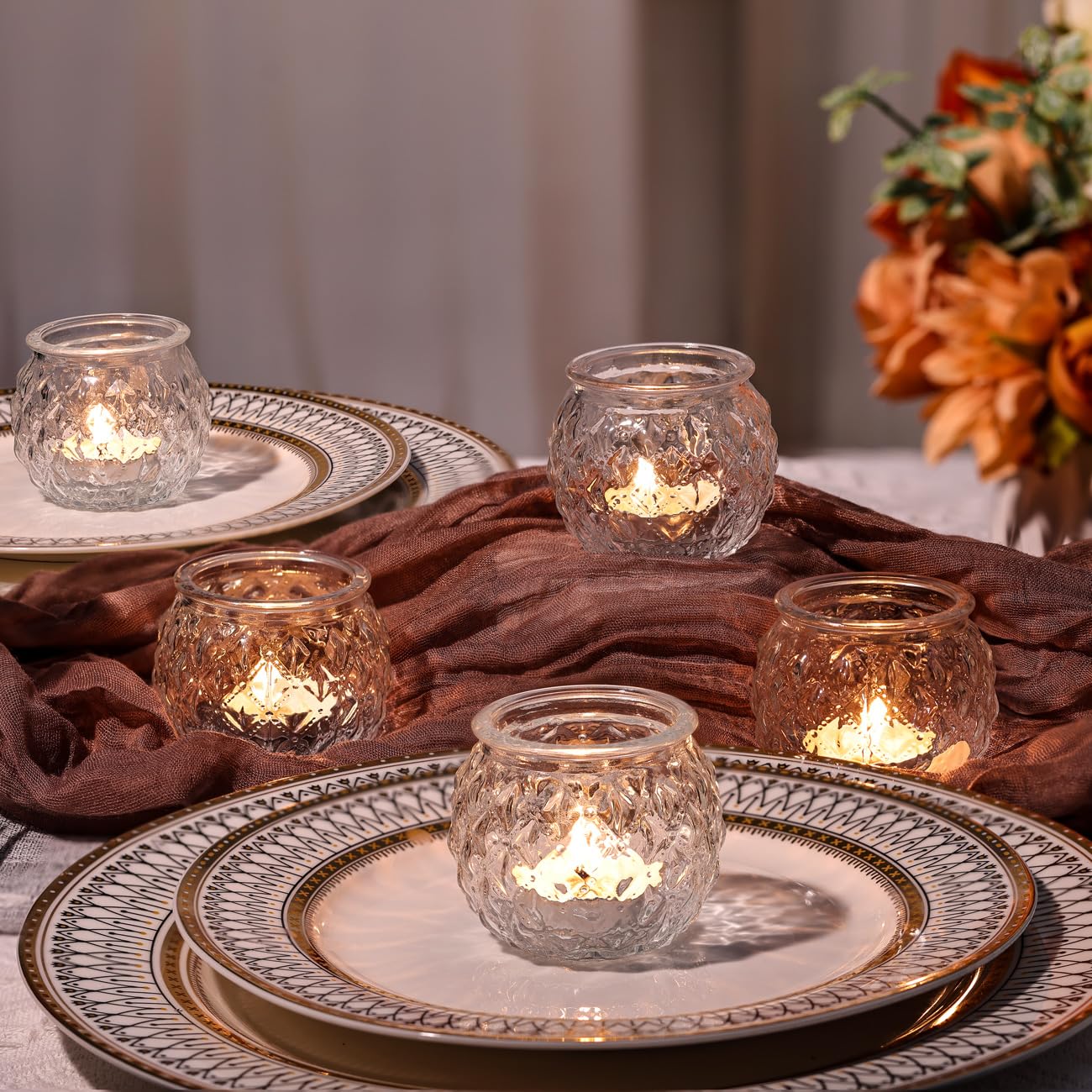 DARJEN Clear Votive Candle Holders Set of 24- Round Glass Candle Holders Bulk for Tea Light Candle, Diamond Texture Candle Votives for Wedding Centerpiece, Living Room & Home Table Decor