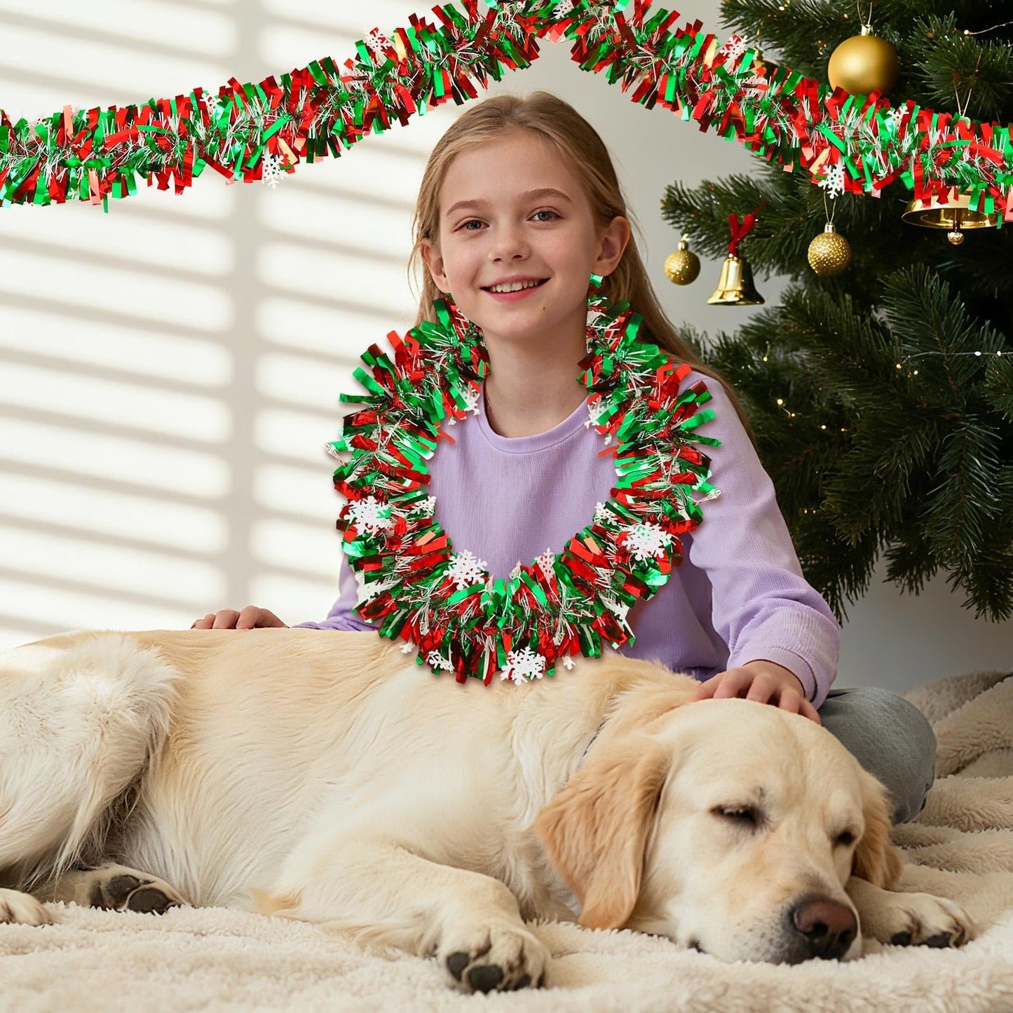 MARFOREVER Christmas Snowflake Tinsel Garland, Red Green Snowflake Metallic Twist Garlands for Winter Wonderland Christmas Tree Holiday Party Indoor Outdoor Home Wall Decoration, 3 Pcs 19.7 FT
