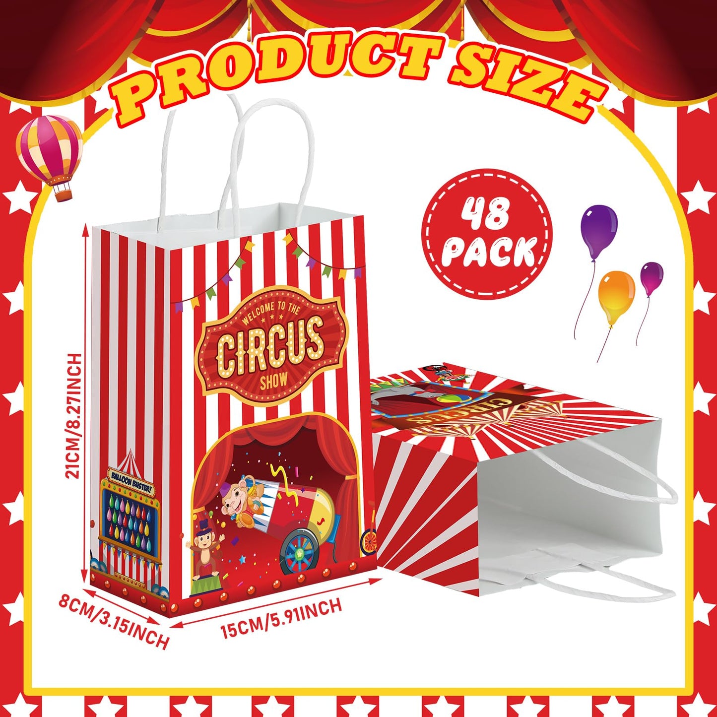 Kolldenn 48 Pcs Carnival Party Favor Bags Circus Gift Goodie Paper Bags with Handles Red White Stripe Circus Treat Candy Pouch for Carnival Party Supplies Birthday Mardi Gras Decorations