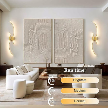 Battery Operated Wall Sconces Set of Two with Remote Control, Stepless Colors 3000K-6000K & Dimming, LED Gold Wireless Wall Light for Living Room, Hallway, Bedroom, 39.3 Inch (2 Pack)