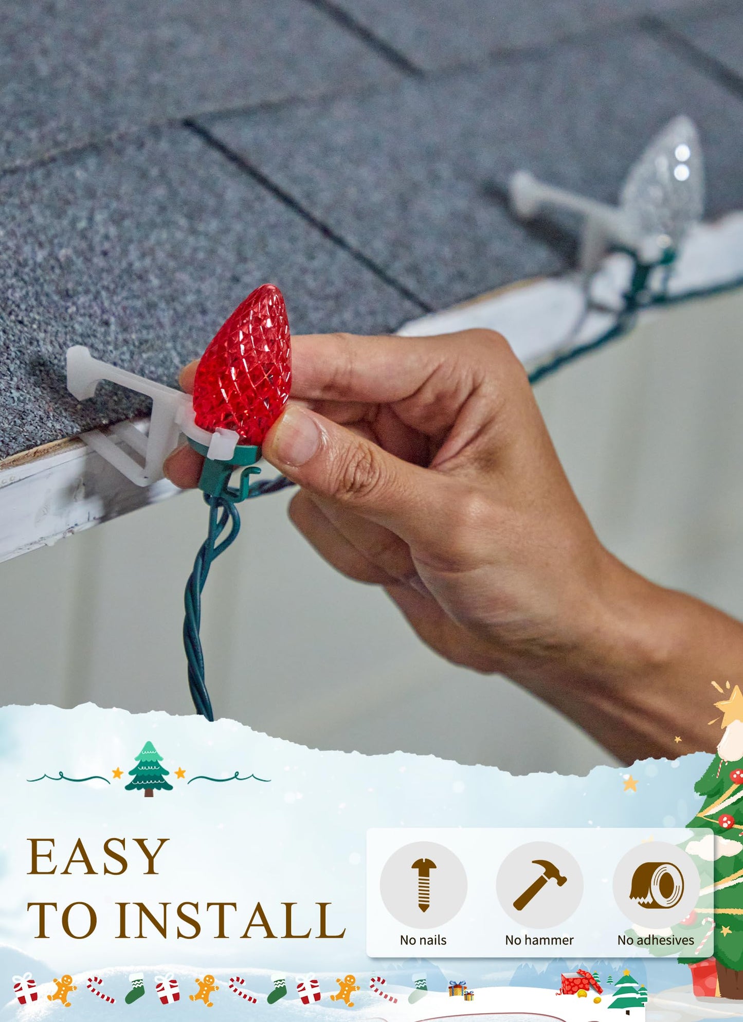 C9 Led Christmas String Lights, 68 Ft 100 LED Strawberry Roof Lights with 100 All in One Clips, Commercial Grade Waterproof Extendable for Indoor Outdoor Roofline Home Xmas Decor, Red & Pure White