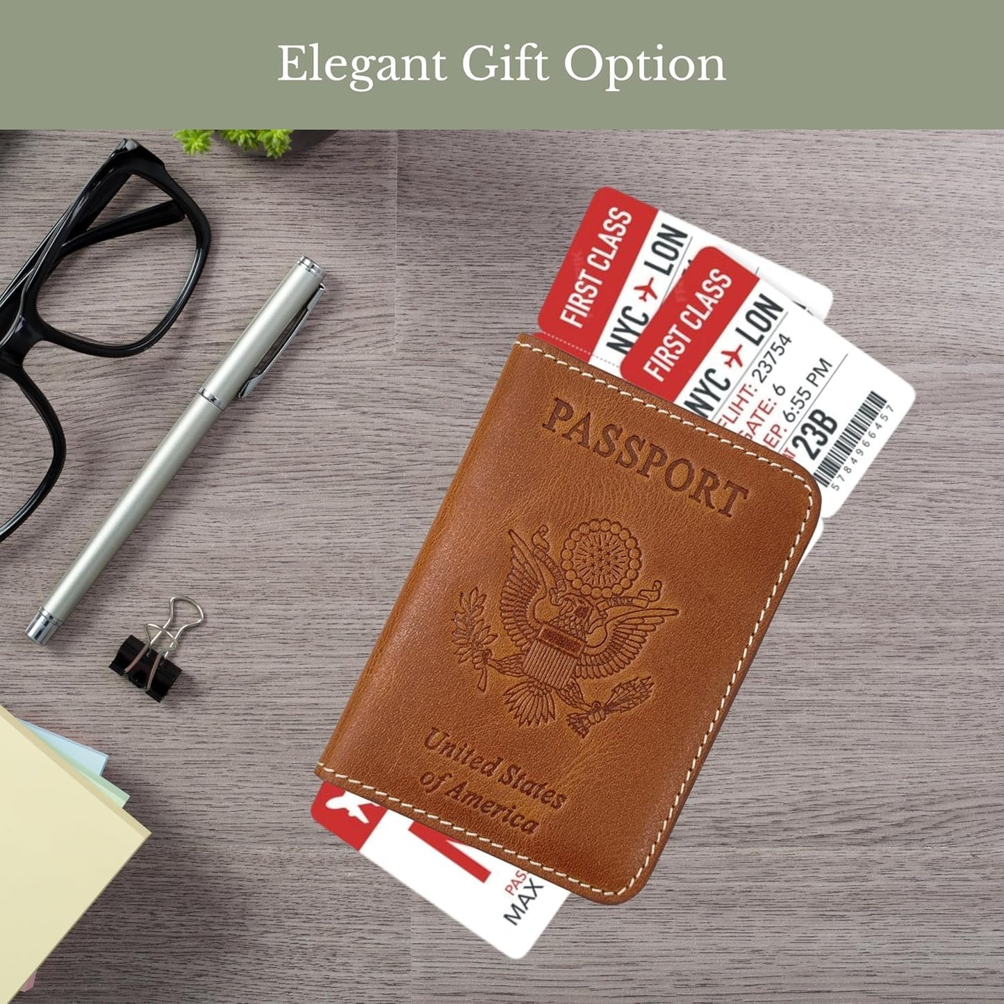 ZAHANAARA Passport Holder for Travel | Premium Leather Passport Cover & Protector | Stylish Travel Document Organizer with Embossed US Seal | Unisex Case with Slots for Cards & Boarding Passes - Brown