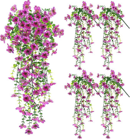 Artificial Fake Hanging Flowers Plants for Outdoor Spring Summer Decoration, 4pcs Faux Silk Realistic UV Sun Resistant Daisy for Outside Porch Patio Window Box Yard Home Decor (Purple)