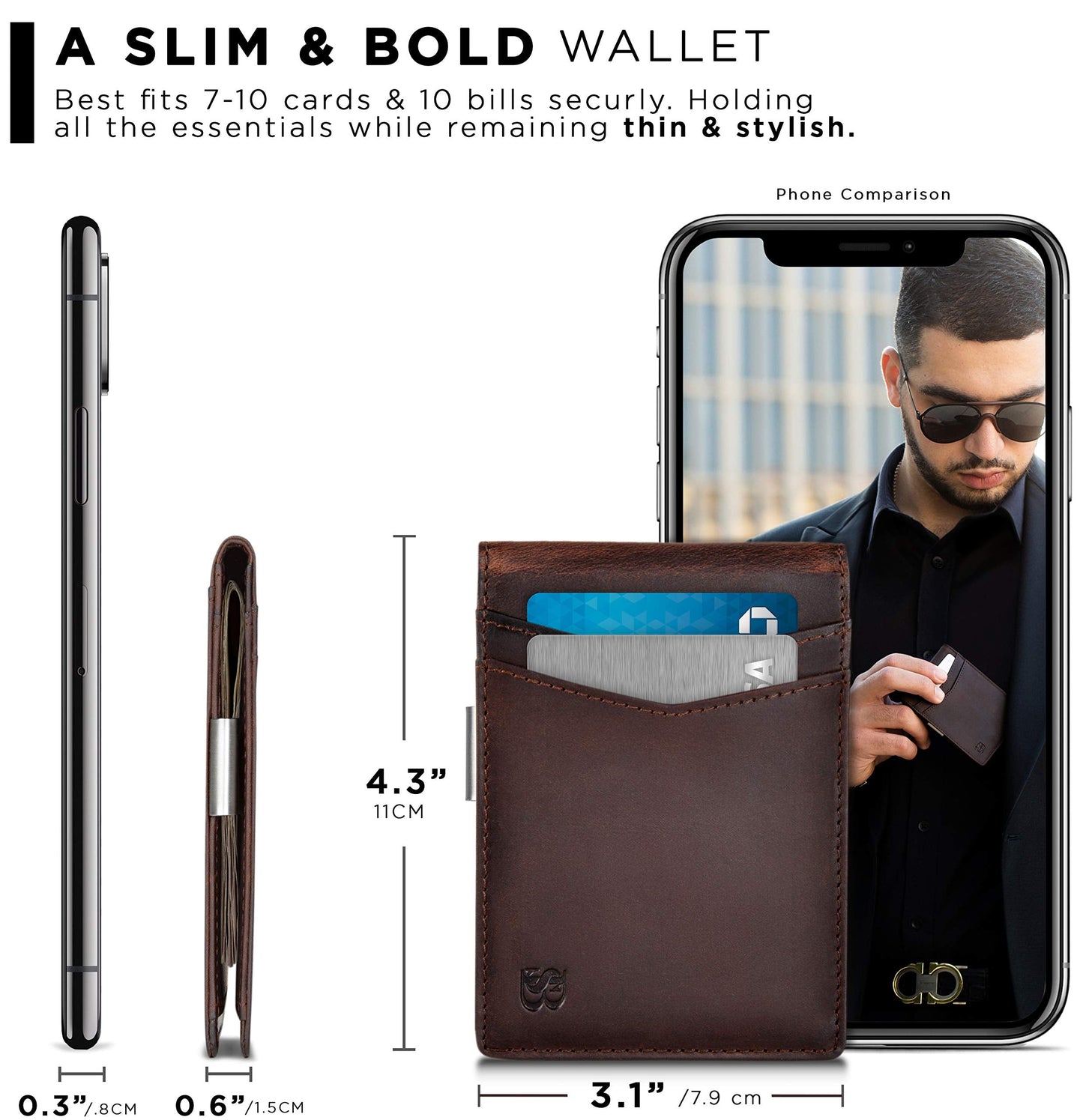 SERMAN BRANDS Money Clip Wallet - Mens Wallets slim Front Pocket RFID Blocking Card Holder Minimalist Mini Bifold (Texas Brown Transformer)