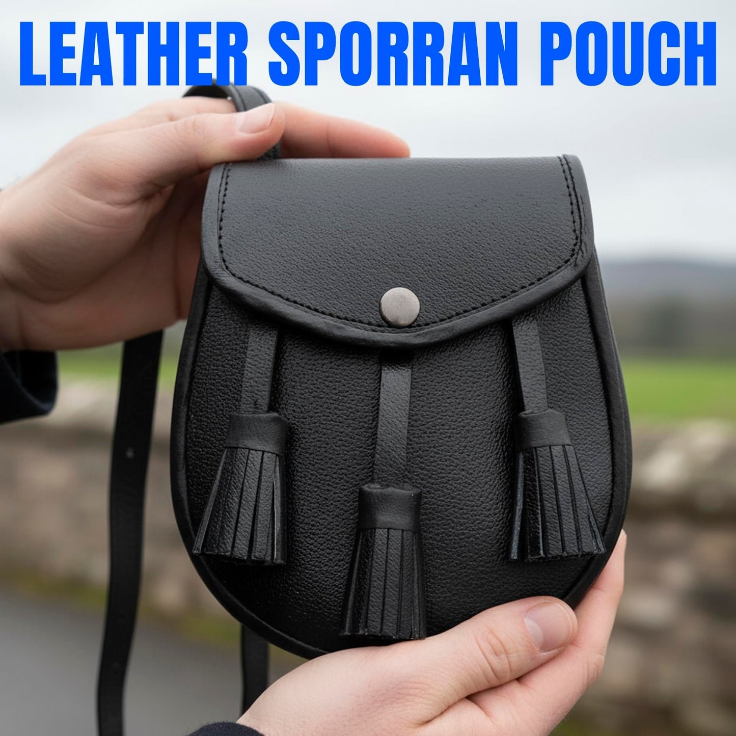 SZCO Medieval Sporran 8 Inch - Black Plain Celtic Style Leather Pouch with Tassels - Scottish Kilt Sporran with Chain Belt for Men - Medieval Bag for Costume & Renaissance Accessories