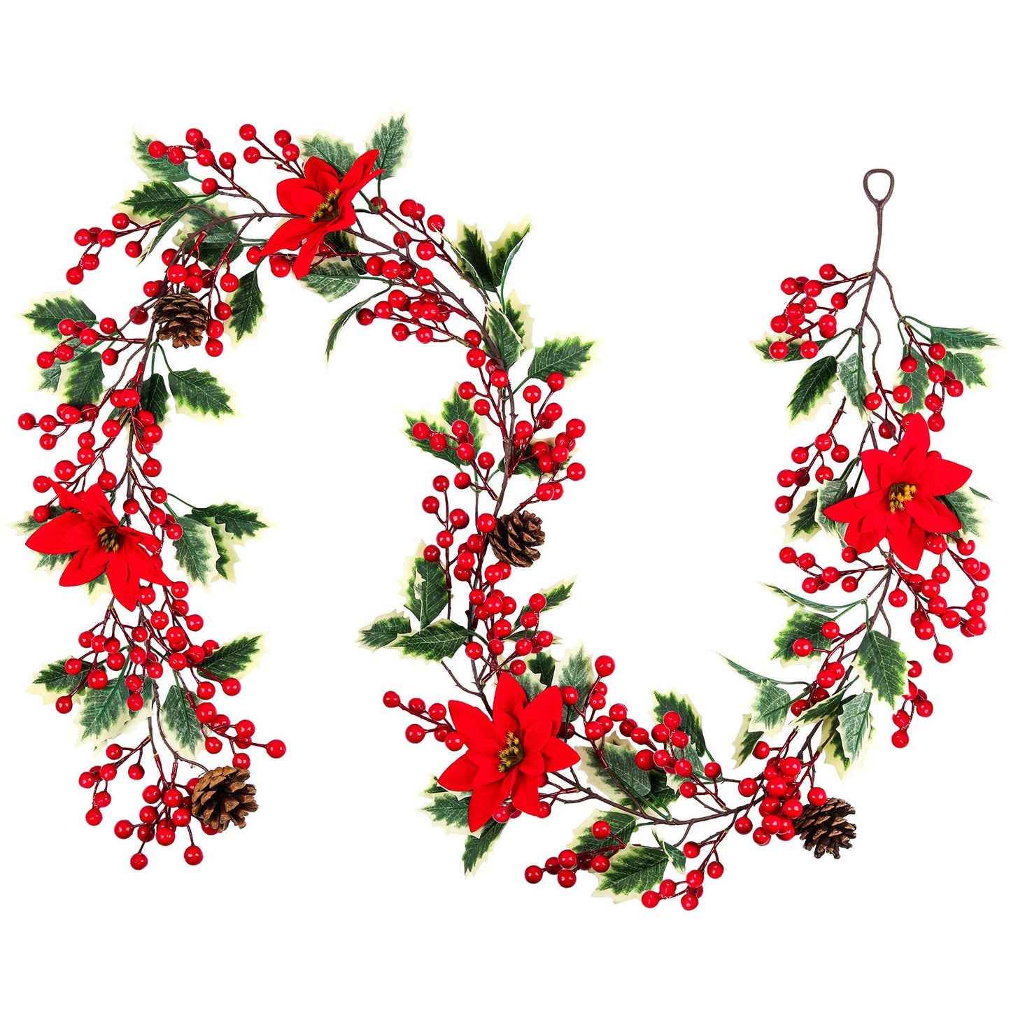 Mocoosy 6.3FT Red Berry Garland with Poinsettia, Artificial Christmas Holly Berry Vine, Winter Berry Christmas Decorations Indoor Outdoor Mantle Fireplace Window Door Hanging Holiday Xmas Home Decor