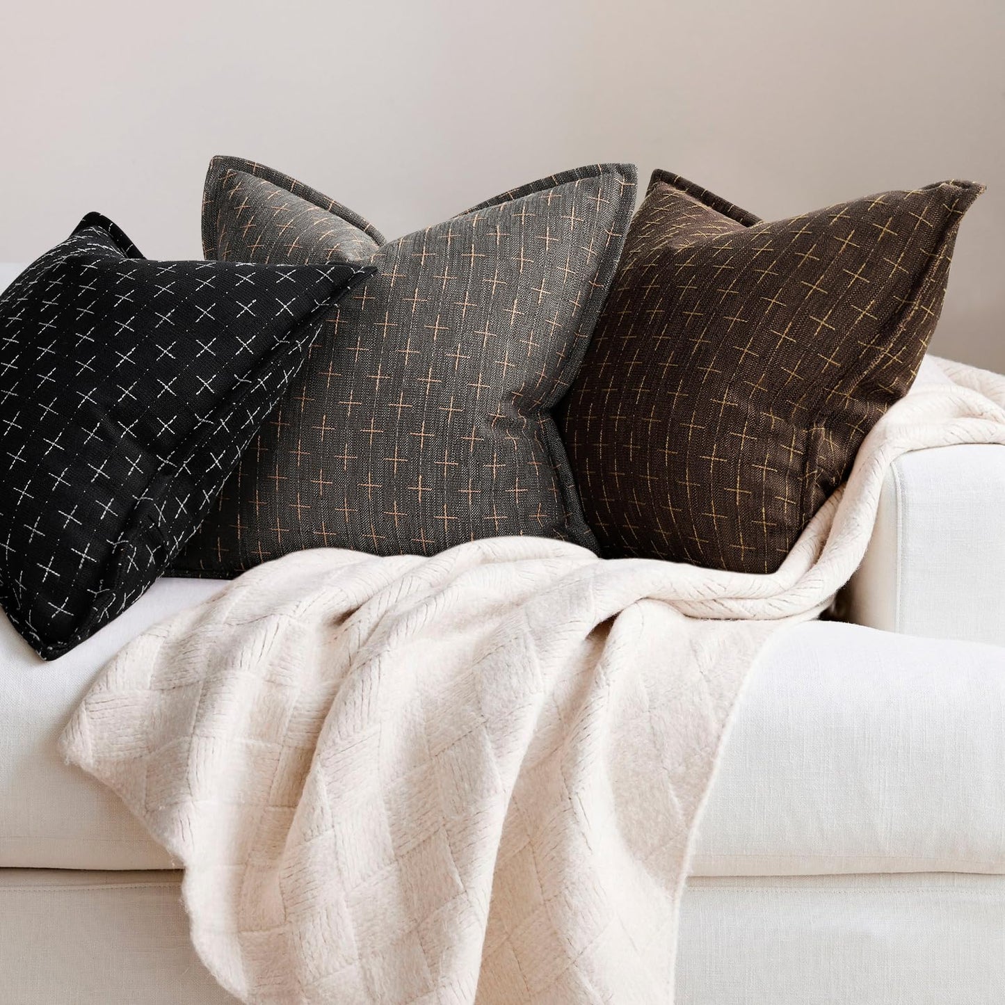 ZWJD Pillow Covers 24x24 Set of 2 Soft Polyester Textured Pillow Covers with Stylish Flange Edge Cozy Farmhouse Throw Pillows for Couch Bed Sofa Living Room