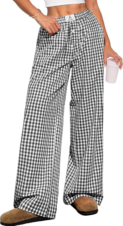 ANRABESS Womens Striped Gingham Pants 2025 Pajama Lounge Boxer Pants Cute Comfy PJ Bottoms with Pockets Y2K Plaid Outfits