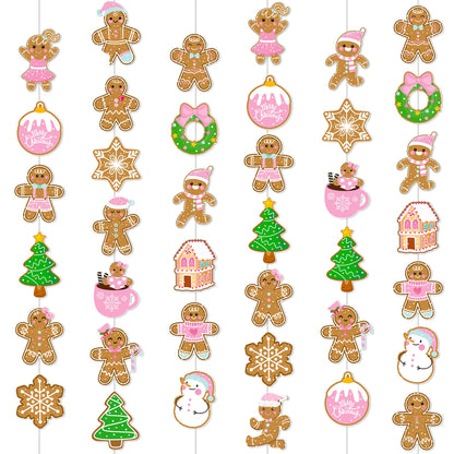 Gingerbread Theme Garlands Pink Christmas Decorations Girls 8Pcs Gingerbread House Xmas Tree Paper Garland Banners Christmas Party Supplies for Winter Holiday Birthday Wall Door Ceiling Decor