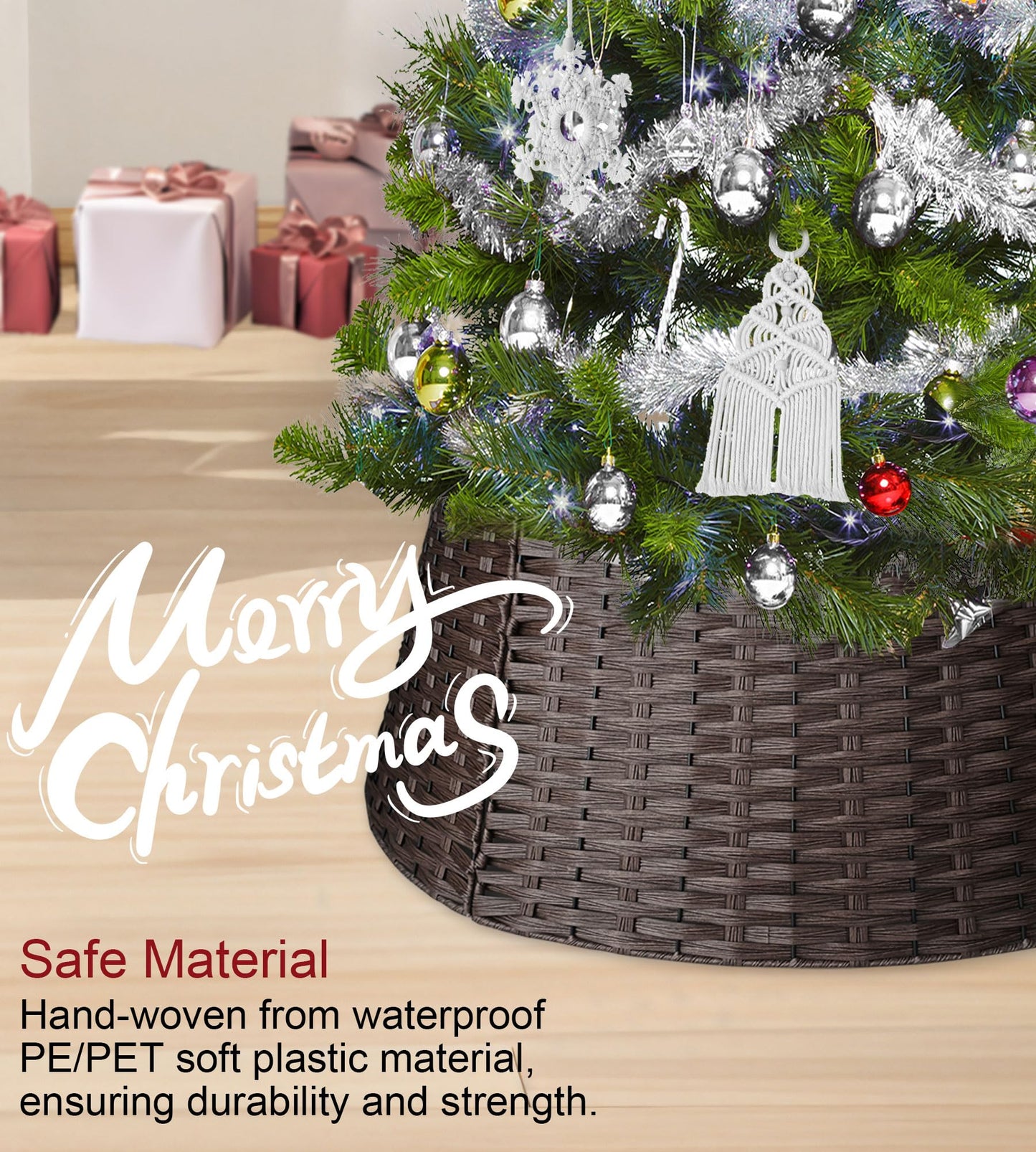 ZWHTB 42in Extra Large Tree Collar, Christmas Tree Decorations for 9-12 ft Tree, Boho Rustic Holiday Decor Xmas Tree Ring, Basket Base Cover - Dark Brown Round