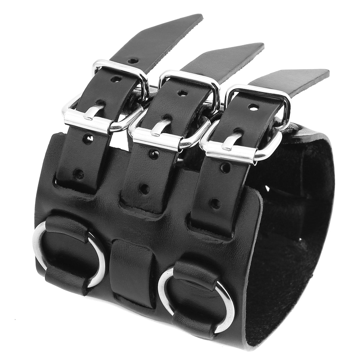 HZMAN Men's Alloy Ring Genuine Leather Bracelet Bangle Cuff Silver Tone Adjustable (Black)
