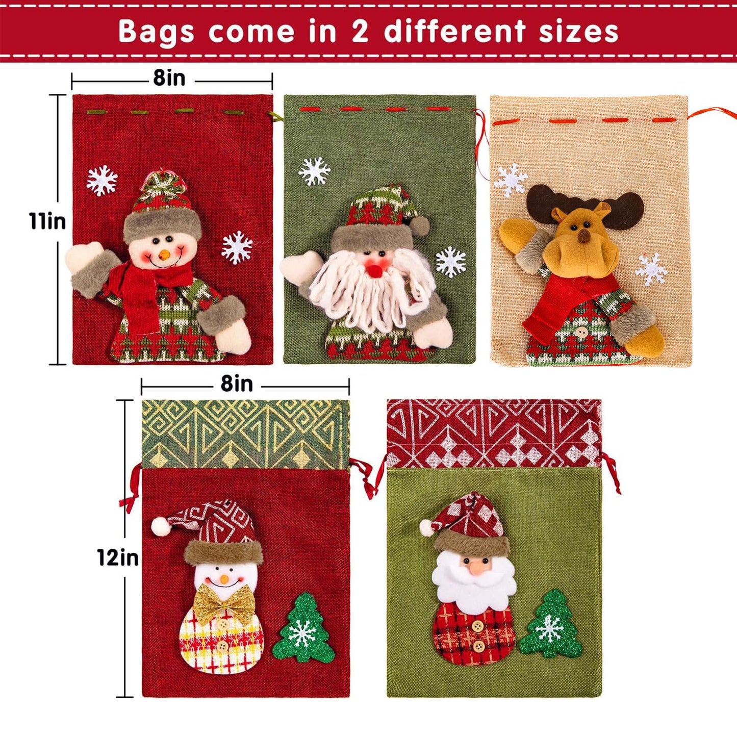 Whaline Drawstring Christmas Doll Bags 3D Xmas Gift Bags Snowman Red Treat Pouch Bag Sack Stockings Party Favor Bag 8 x 11in, 8 x 12in (5 Pack)