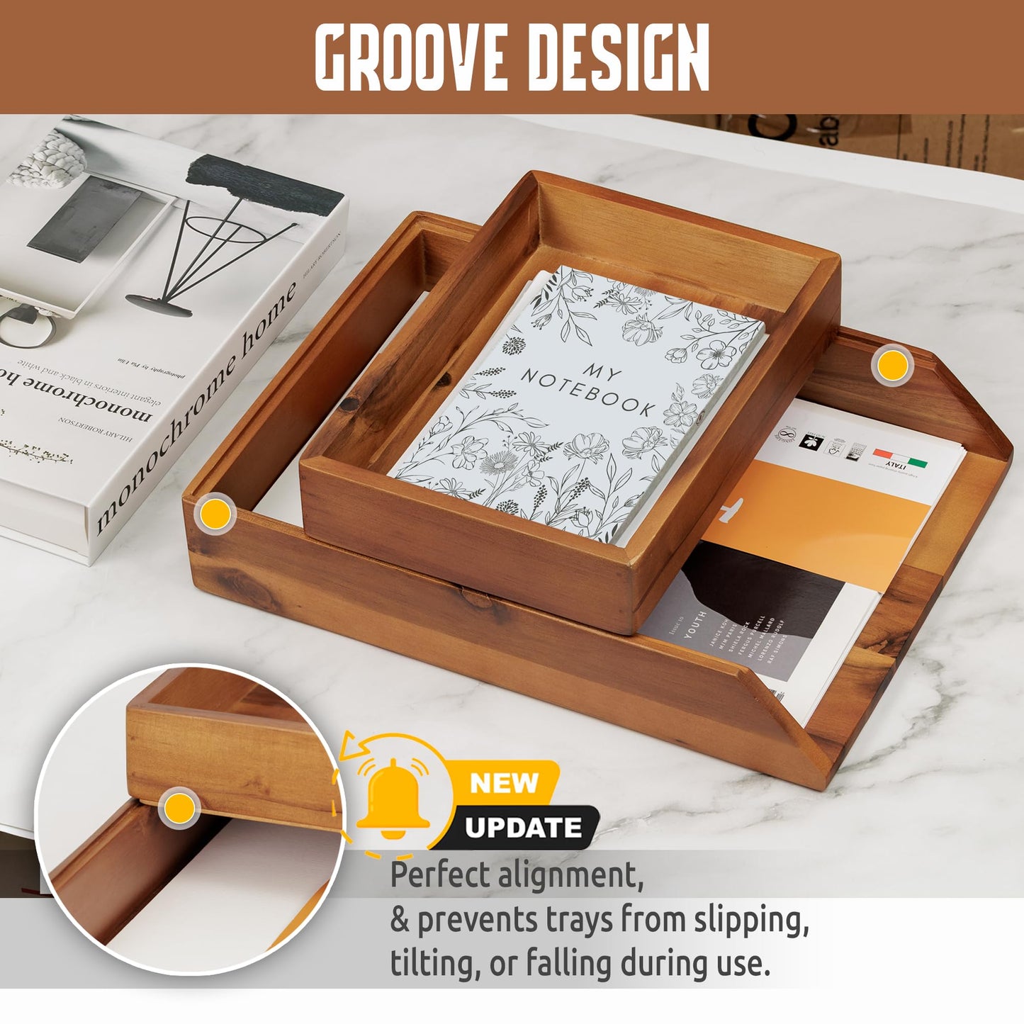 Demigo Desk Organizer Letter Tray Set of 2, Acacia Wood Tabletop Desktop for Storage Paper Letter Folders Notebooks Copy Print, Workspace Holder, Keep Stationery Saver (Brown)