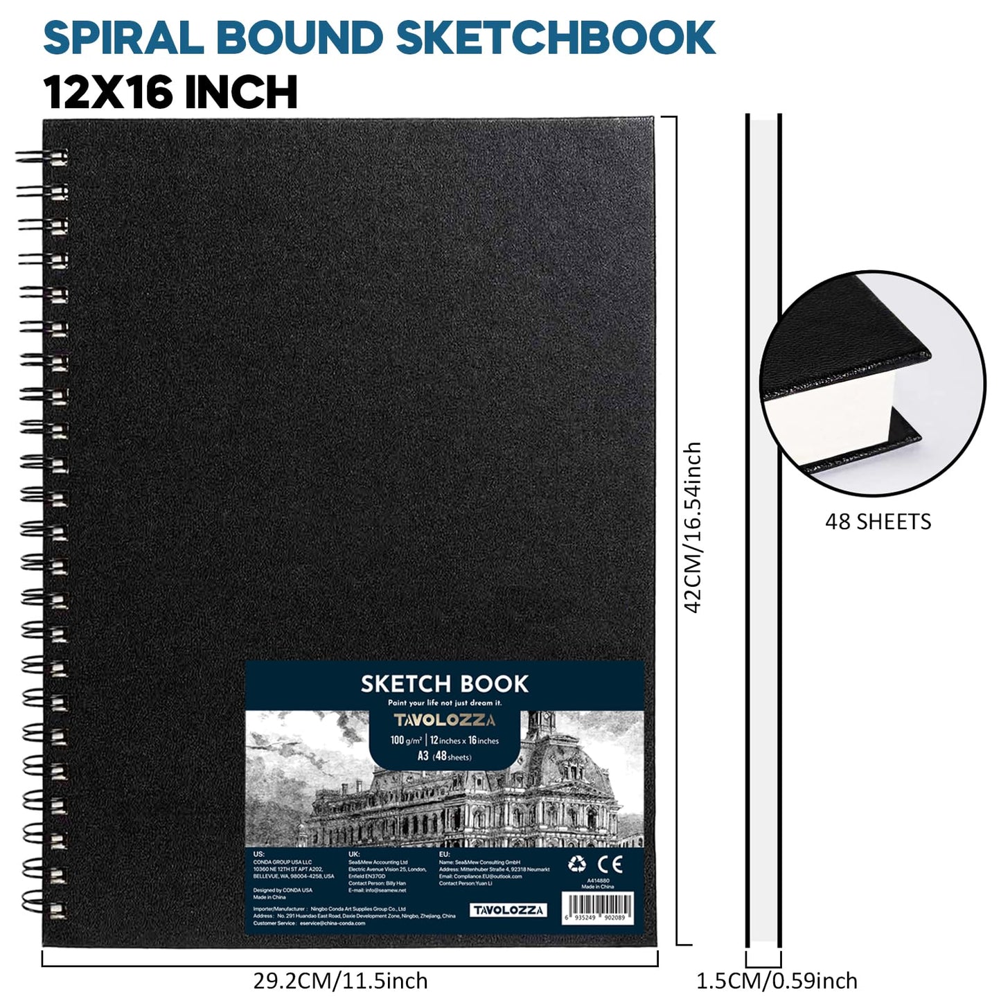 TAVOLOZZA 11.7"x16.5" Spiral Sketchbook, 48 Sheets / 96 Pages, A3 Sketchbook Mixed Media, Hard Cover Sketch Book for Painting, Acid-Free Drawing Pad1