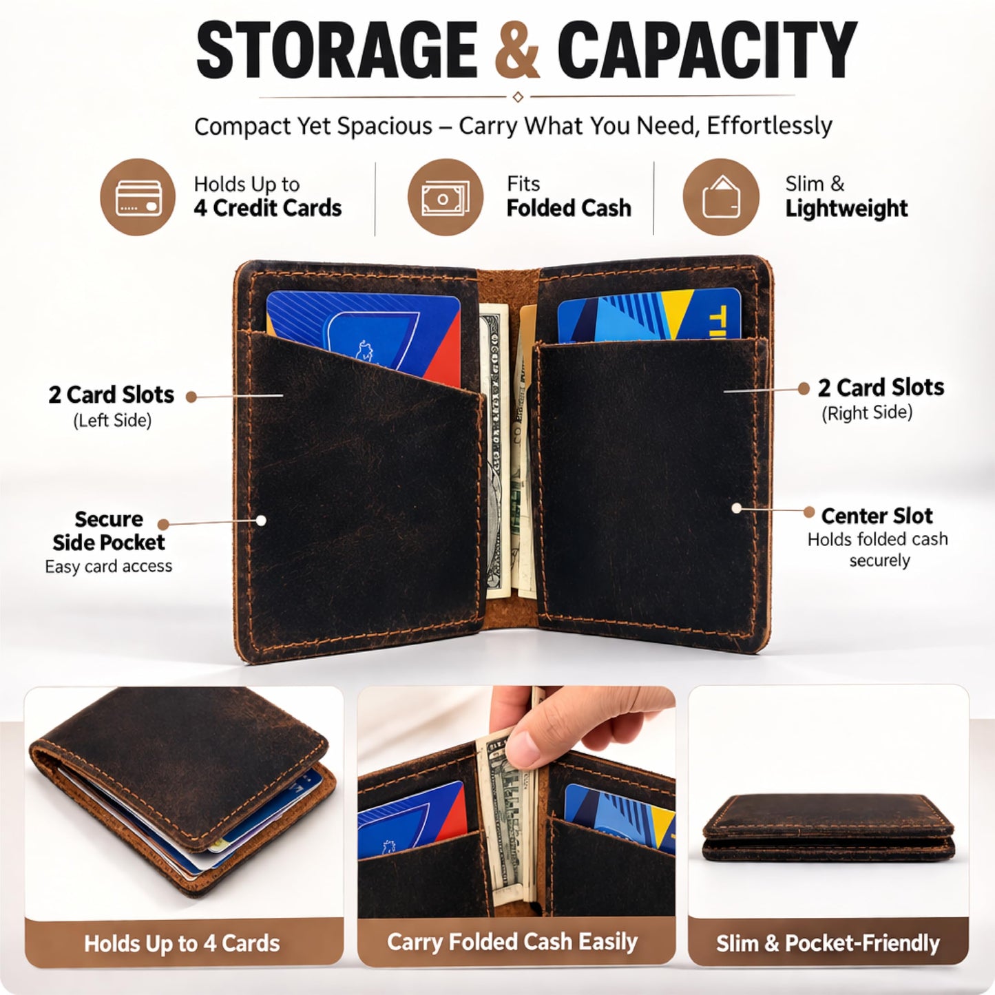 TheAntiq Credit Card Case Holder, Genuine Leather Bifold Wallet for Men and Women, Slim Minimalist Front Pocket Card Holder for Credit and Debit Cards, 4x3 Inches, Brown