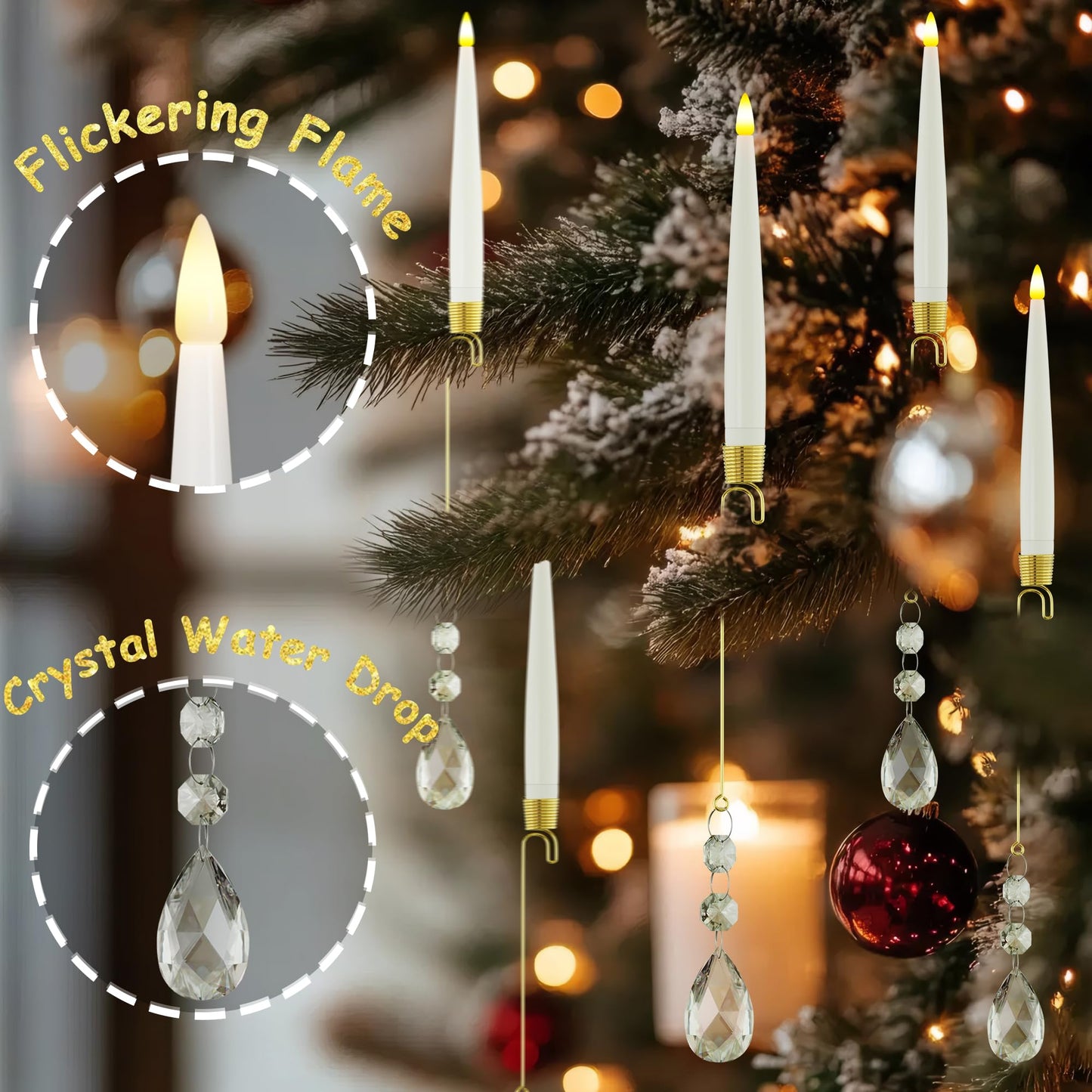JOIONE Flameless Christmas Tree Candles with Remote, 10 Pack Battery Operated LED Candles with Suction Cup for Christmas Tree, Flickering Flame for Xmas Indoor Decor - Water Drop