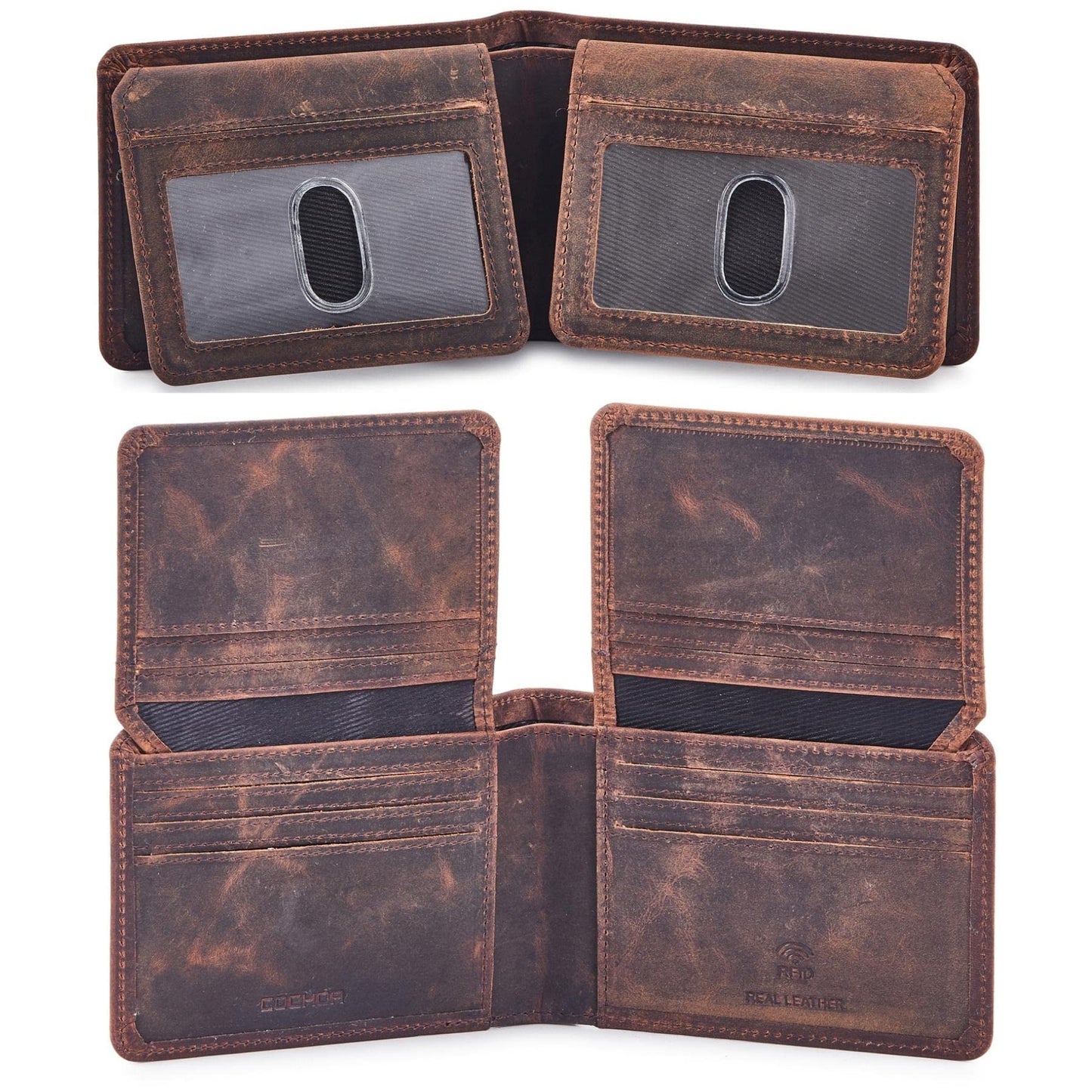 Cochoa Wallet for Men Bifold Leather RFID Blocking High Capacity Slim Card Case with 2 ID Window for Gift (Crazy Horse, Cognac)