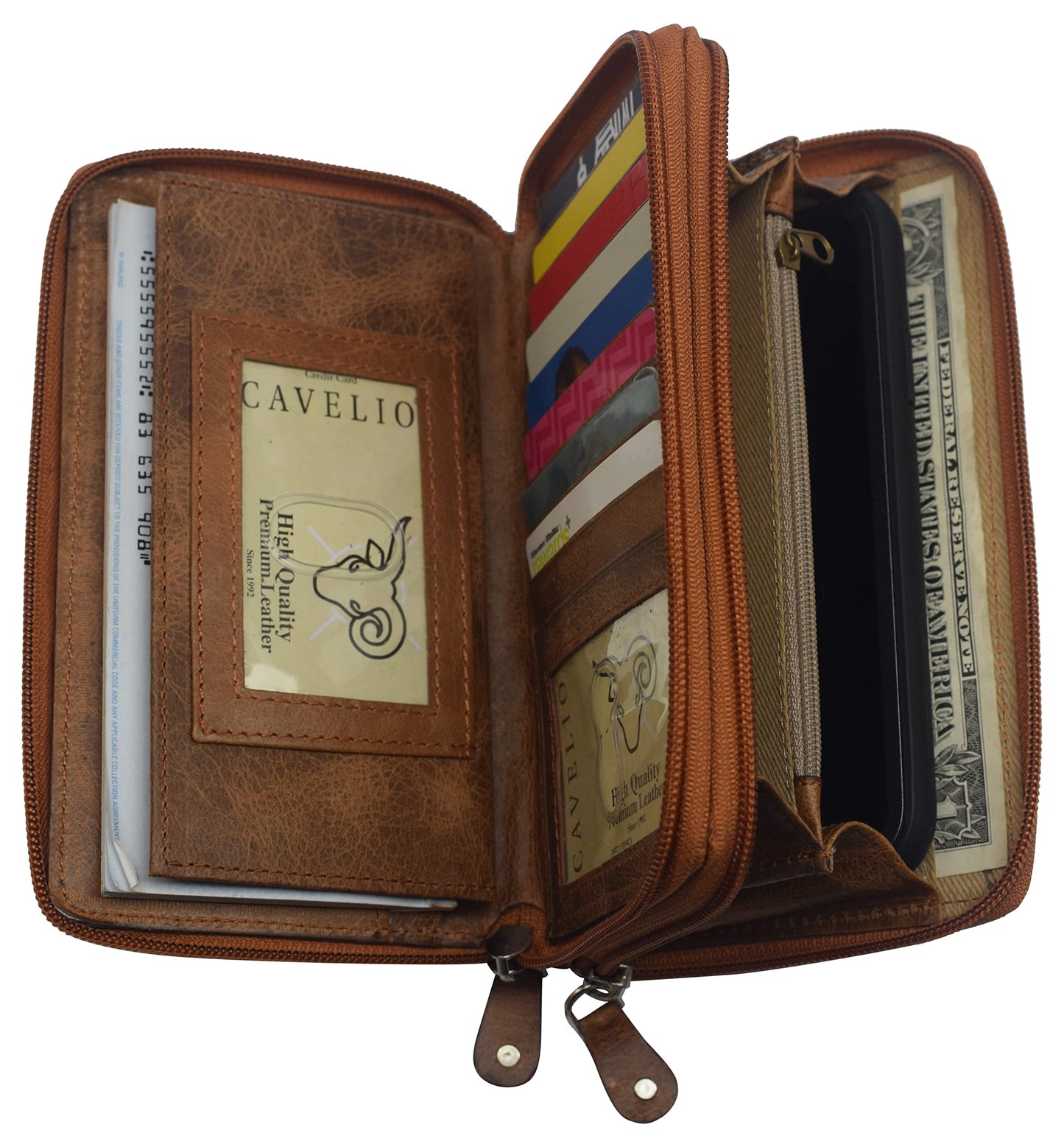 Cavelio Women RFID Blocking Wallet Leather Zip Around Phone Clutch Large Travel Purse (Tan)