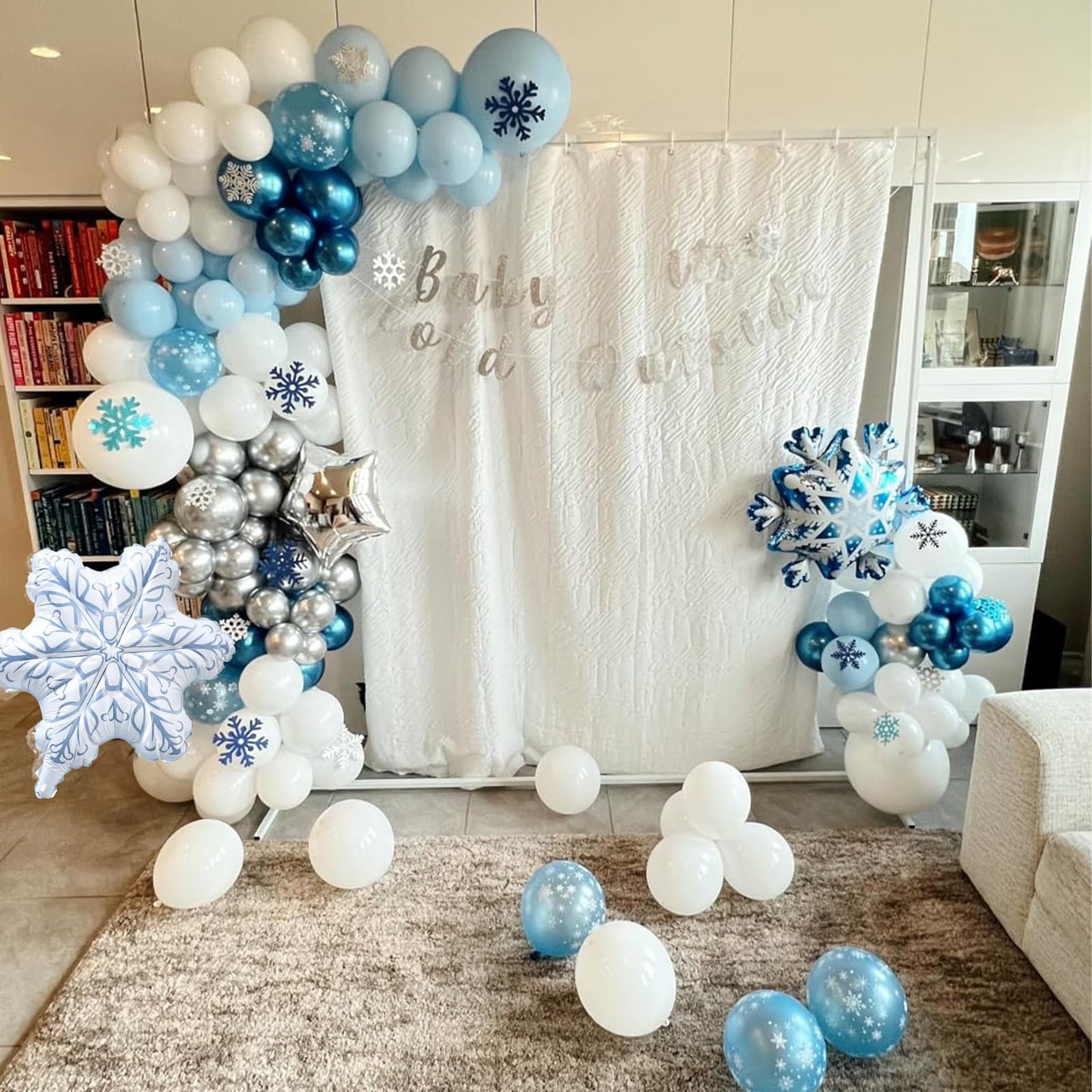 Winter Wonderlan Balloon Garland Arch Kit, Blue White Silver Balloons Snowflake Star Foil Balloons for Baby Its Cold Outside Onderland Christmas Ice Baby Shower Birthday Party Decorations Supplies