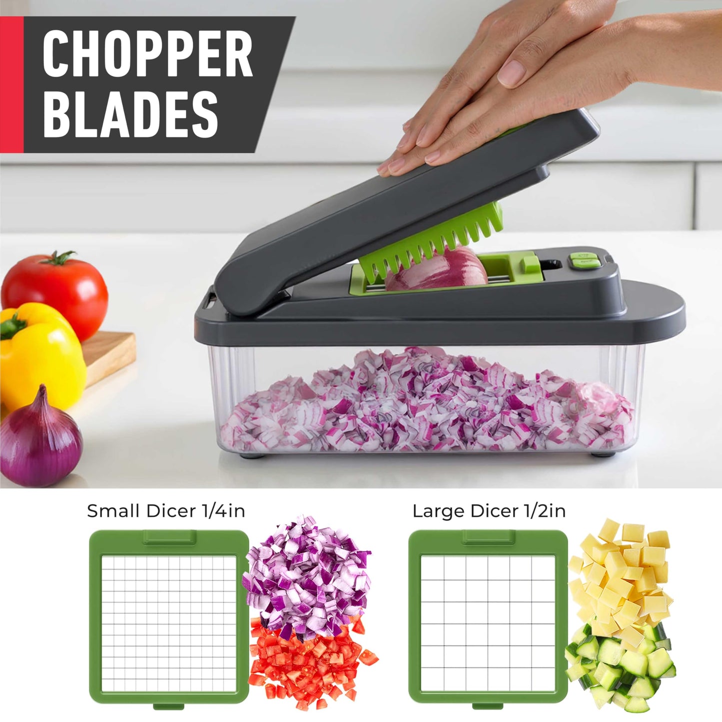 Mueller Pro-Series 10-in-1, 8 Blade Vegetable Chopper, Onion Mincer, Cutter, Dicer, Egg Slicer with Container, French Fry Cutter Potato Slicer, Home Essentials, Salad Chopper,Gray/Green