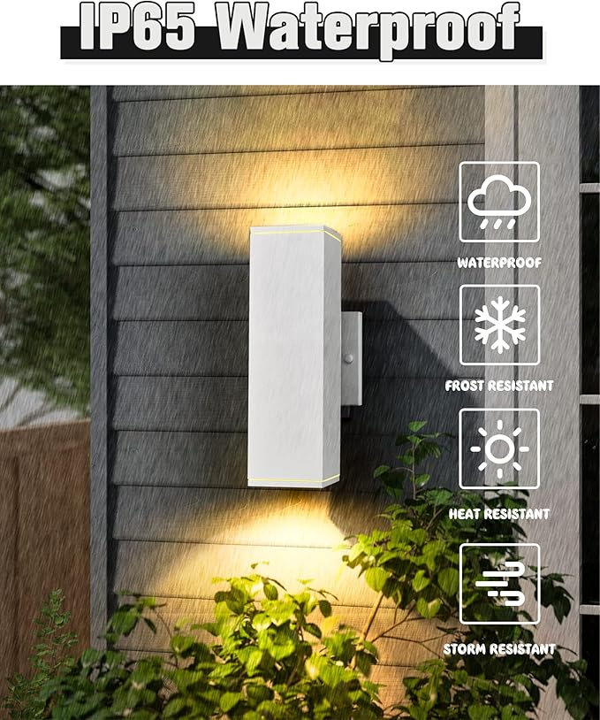 Ken & Ricky Outdoor Wall Sconces, Modern Up and Down Outdoor Light Fixture, Square Exterior Light Fixture with Sanded White Finish - 1 Pack