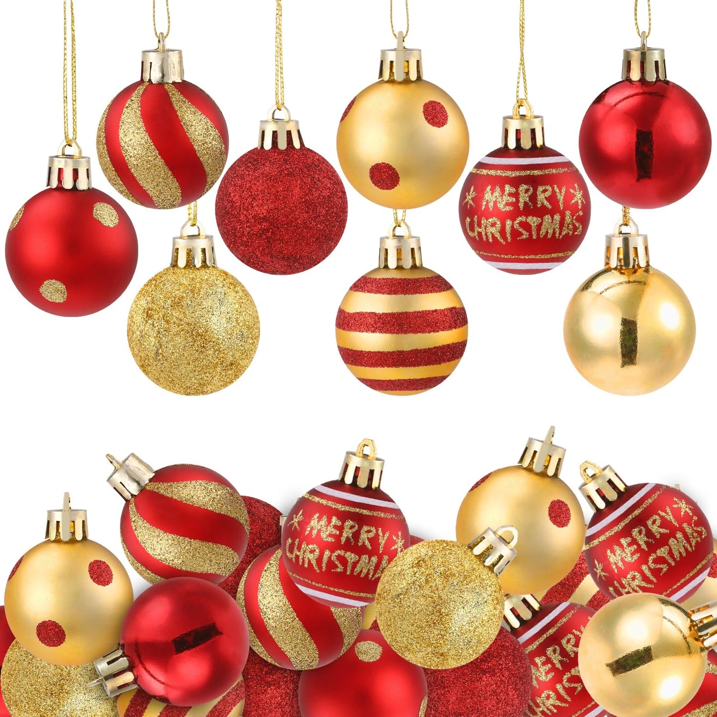 Celltestria 36pcs Mini Christmas Balls Ornament 1.57 Inch Red Gold Little Hanging Xmas Balls for Tree Decoration Swirl Candy Cane Polka Dots Tiny Christmas Baubles for Home Indoor Holiday Party Decor