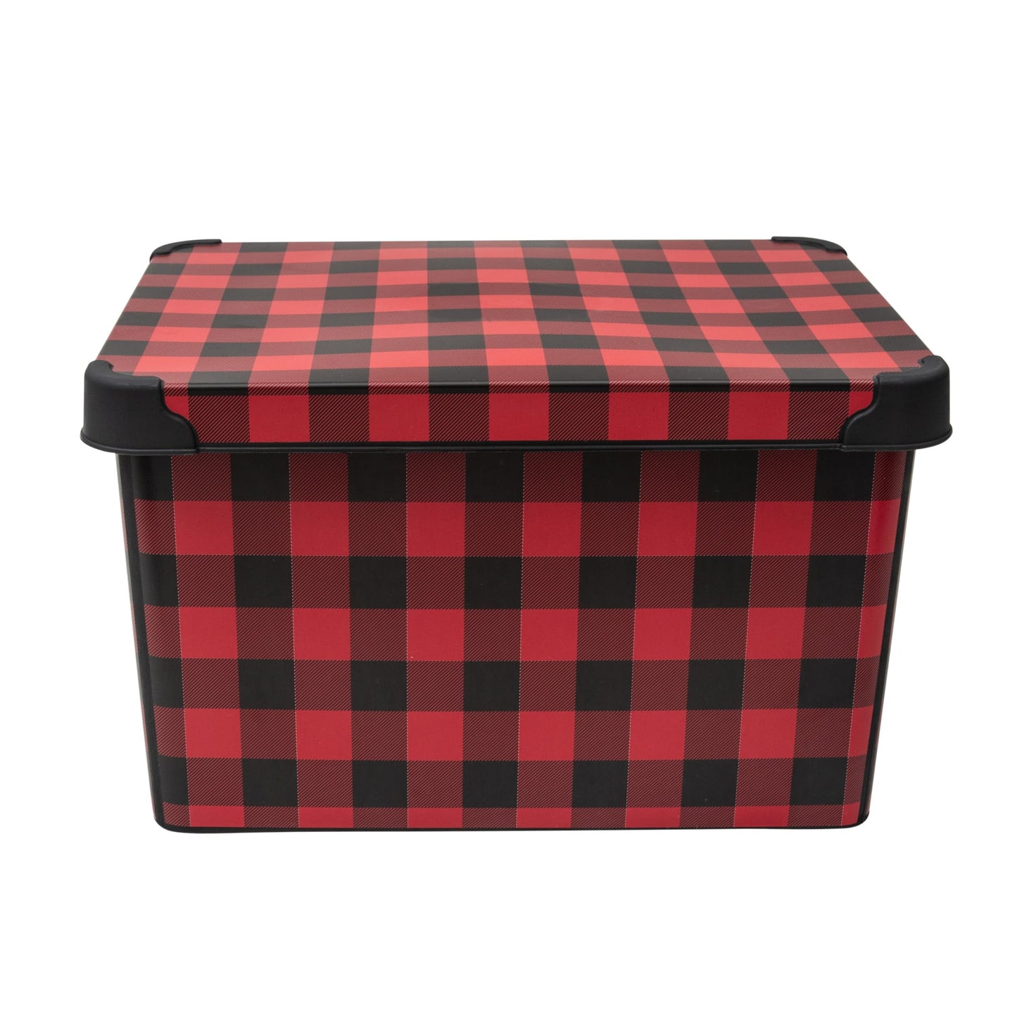 Simplify Checkered Design Storage Bin | Christmas Tote | Holiday Décor Decorations Organizer | Buffalo Plaid Design | Lidded | Stackable | Black and Red