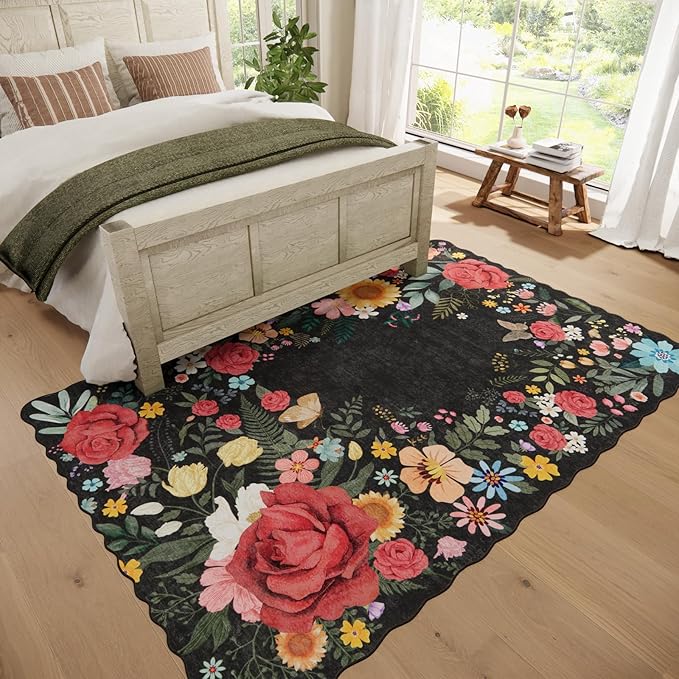 Washable Rugs for Living Room: 6x9 Area Rugs for Bedroom Soft Ultra Thin Stain Resistant Non Slip Low Pile Lightweight Vintage Floral Carpet for Dining Room Decor (Black)