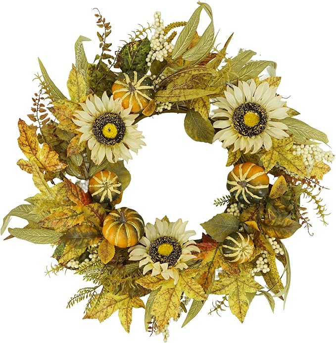 YNYLCHMX 18" Fall Wreaths for Front Door, Artificial Autumn Wreath with Sunflower Pumpkin and Berries for Home Porch Window Wall Farmhouse Decor, Indoor Outdoor, Holiday Decor