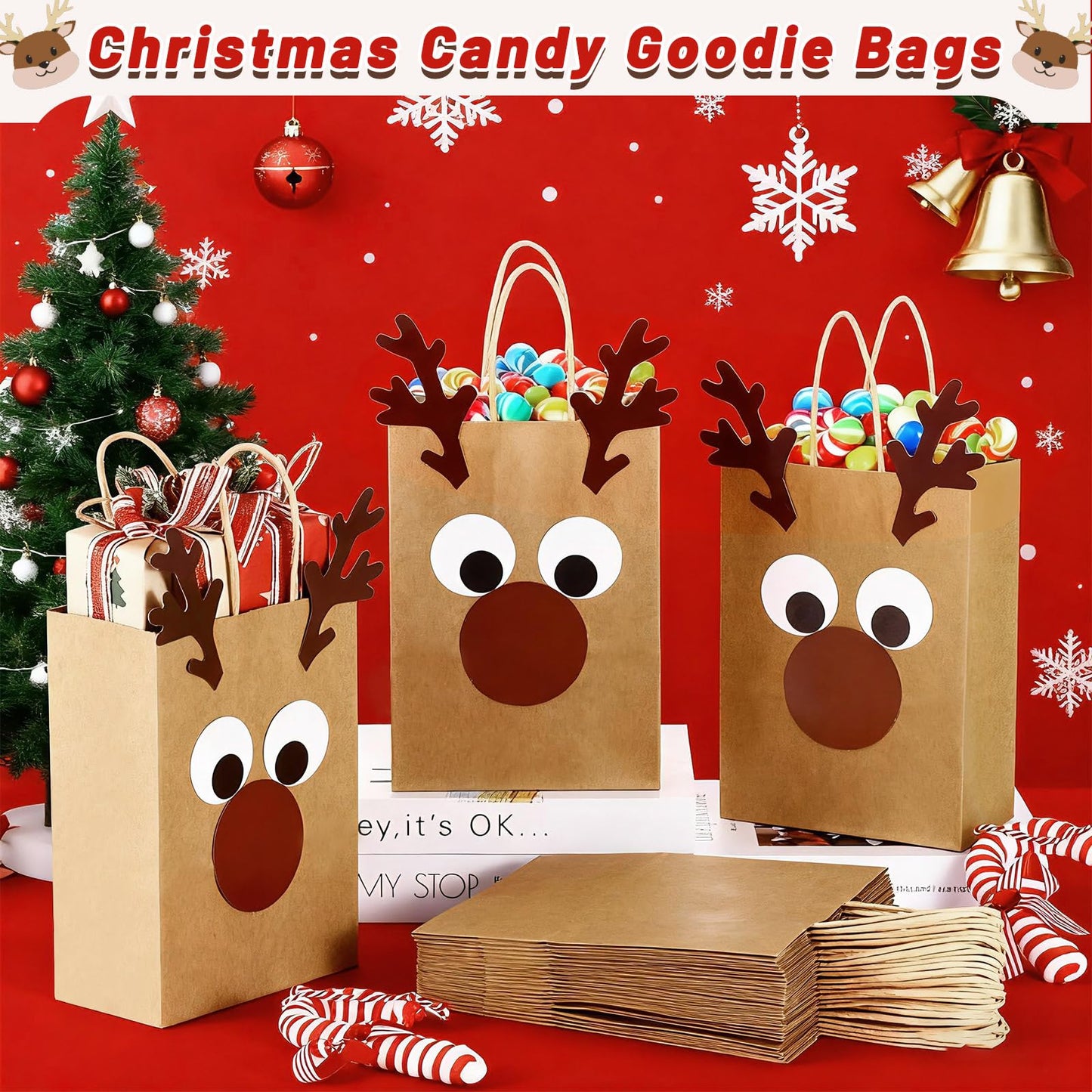 FOGWOWO 36 Pcs Reindeer Gift Bags DIY Reindeer Bags,Christmas Goodie Bags Kraft Paper Reindeer Treat Bags Party,Xmas Candy Bags Bulk with Handles Wrapping Supplies