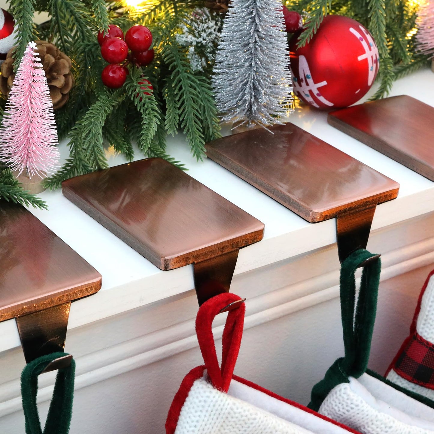 HMASYO Christmas Stocking Holders for Mantle Set of 4, Heavy Duty Iron Stocking Hangers Base, Low Profile Weighted Stocking Holder Hooks for Fireplace Tabletop Shelf Christmas Decoration, Copper