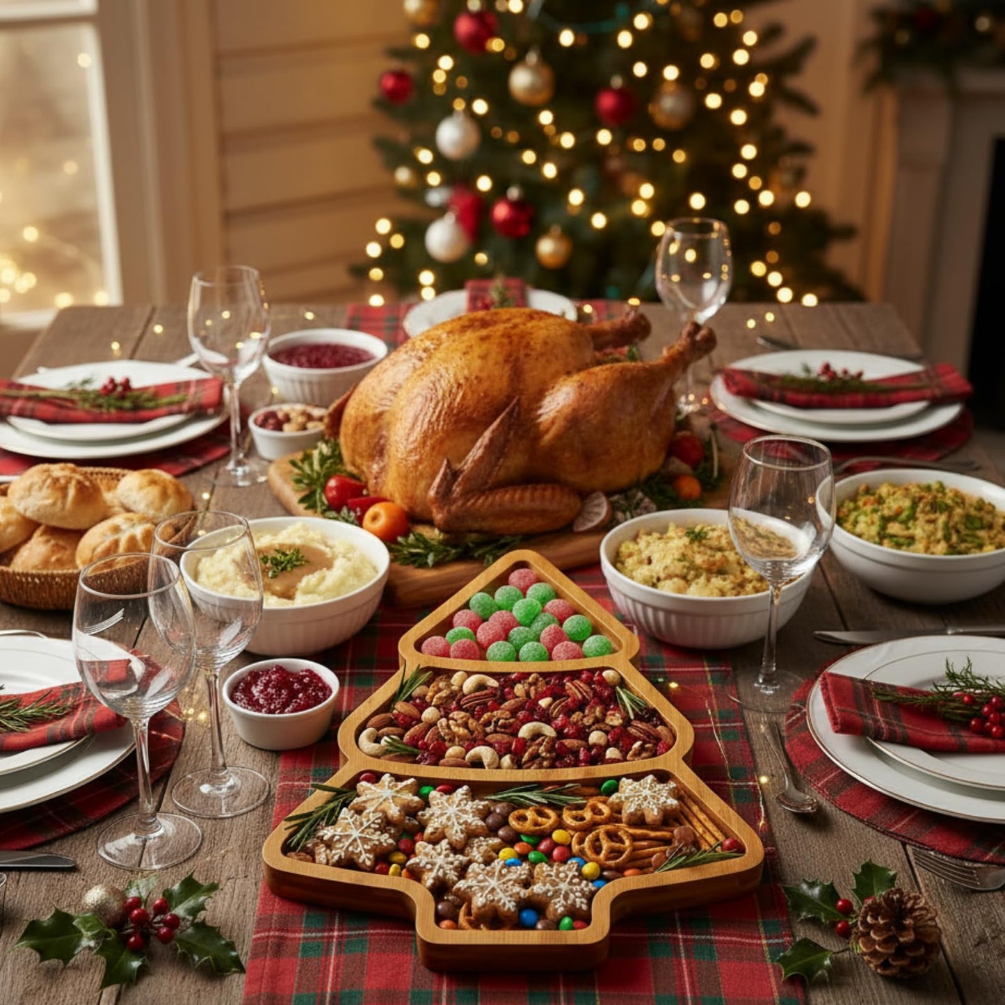 Maxcheck Christmas Tree Serving Tray Platter Charcuterie Board Christmas Wood Serving Dish Cutting Board Rustic Farmhouse 11.42 x 10.43 Inches Table Plate for Cheese Food Fruit Party